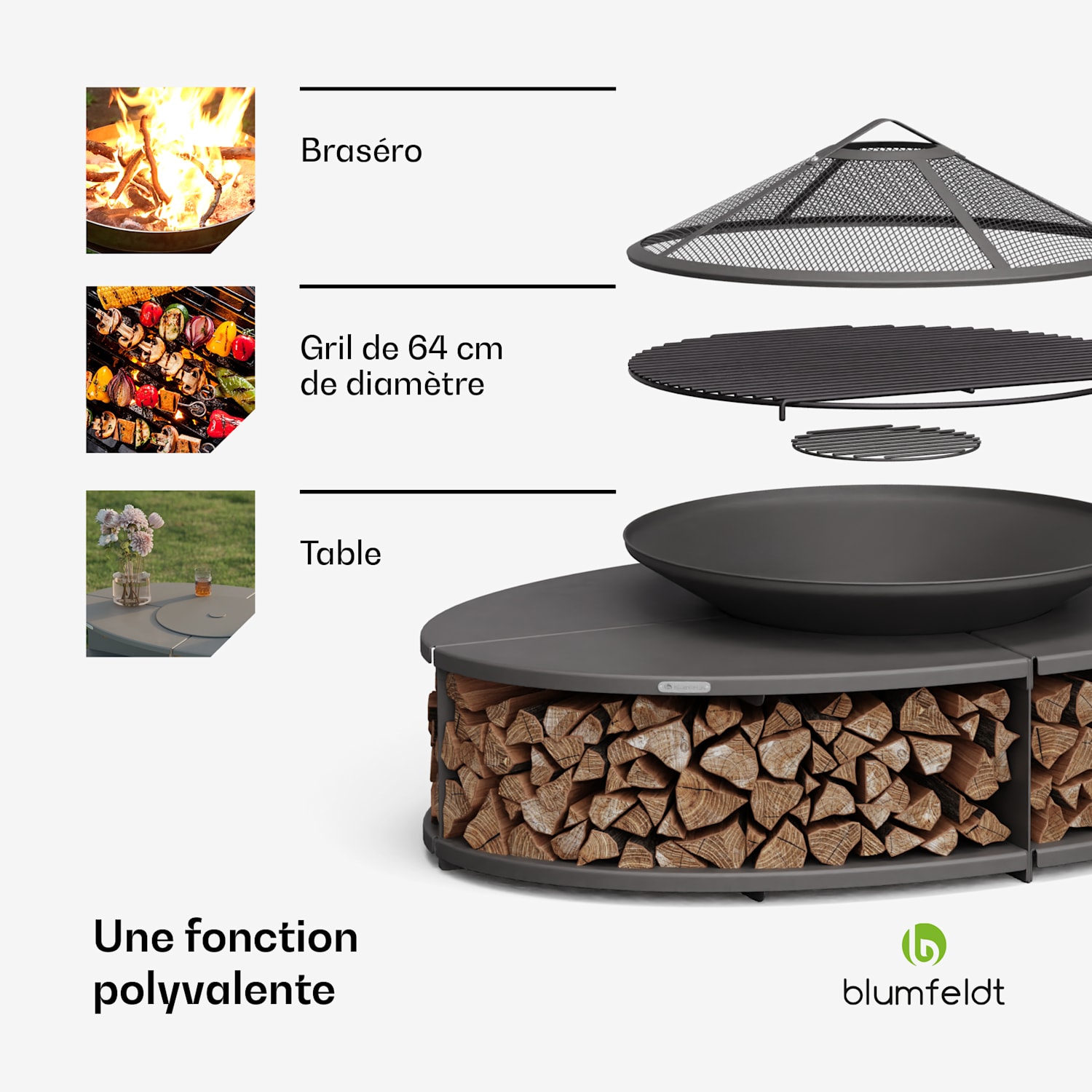 Firebowl Ebeko 3-en-1 | Fonction gril utilisable comme table | Grille + pare-étincelles Noir