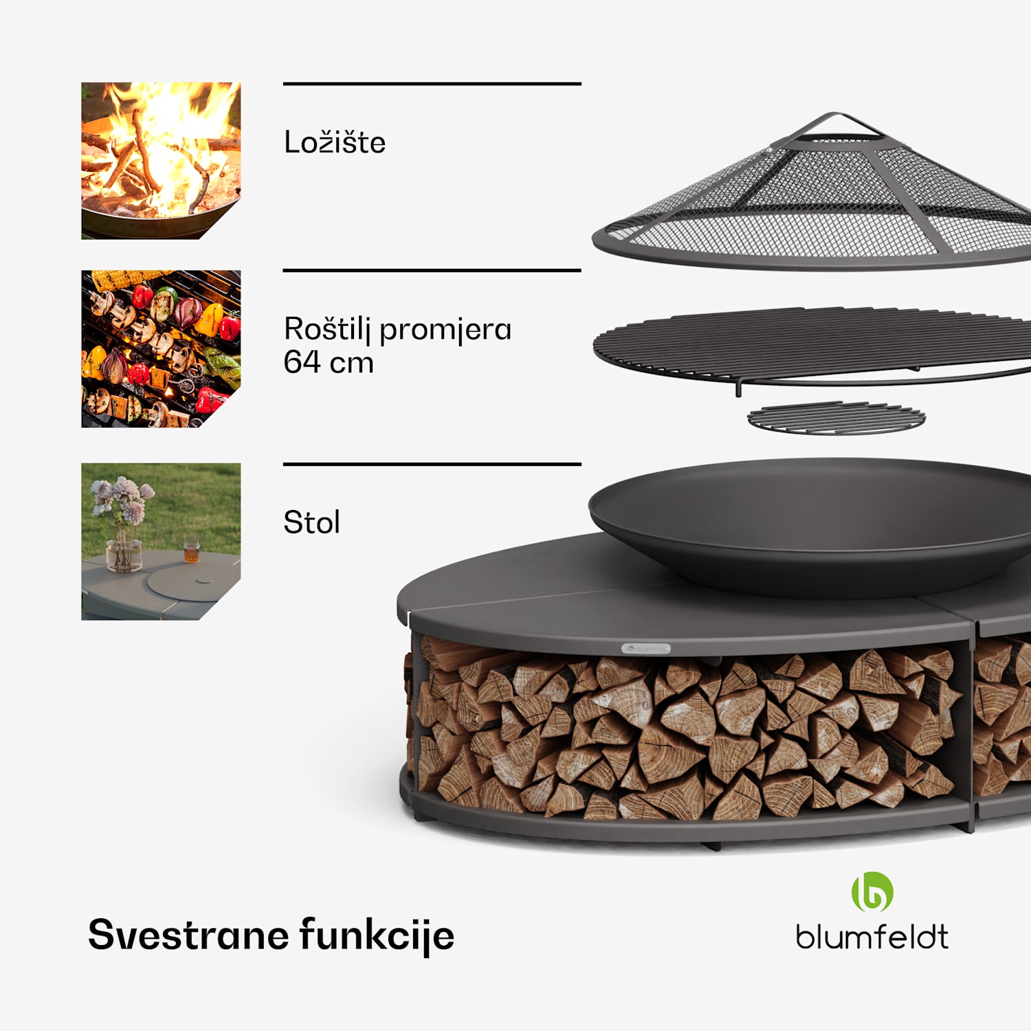 Firebowl Ebeko 3 u 1, može se koristiti kao roštilj ili stol, rešetka za roštilj + zaštita od iskrenja Crna