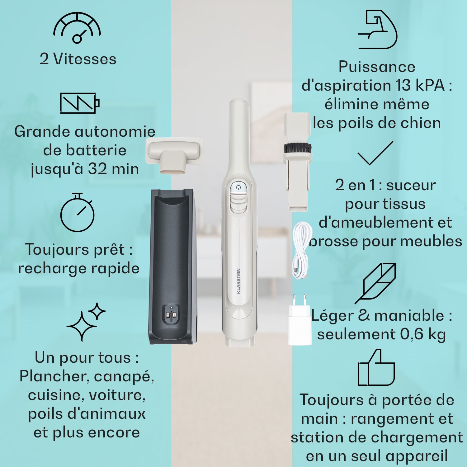 LARMA Aspirateur à main sans fil sans sac sur batterie 32 min d'autonomie max. Pijesak