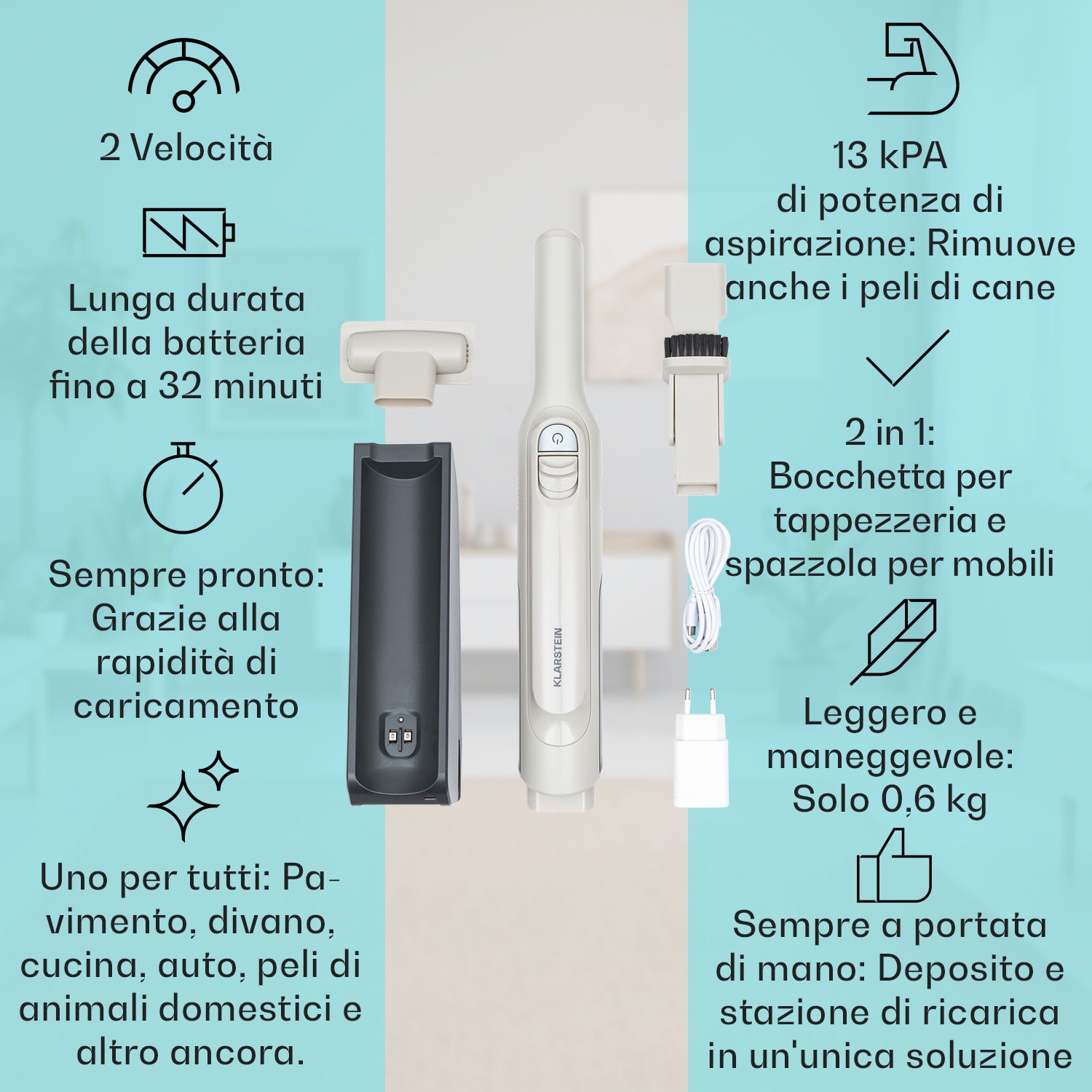LARMA - Aspirapolvere portatile a batteria, senza cavo e senza sacchetto, durata della batteria fino a 32 minuti Areia