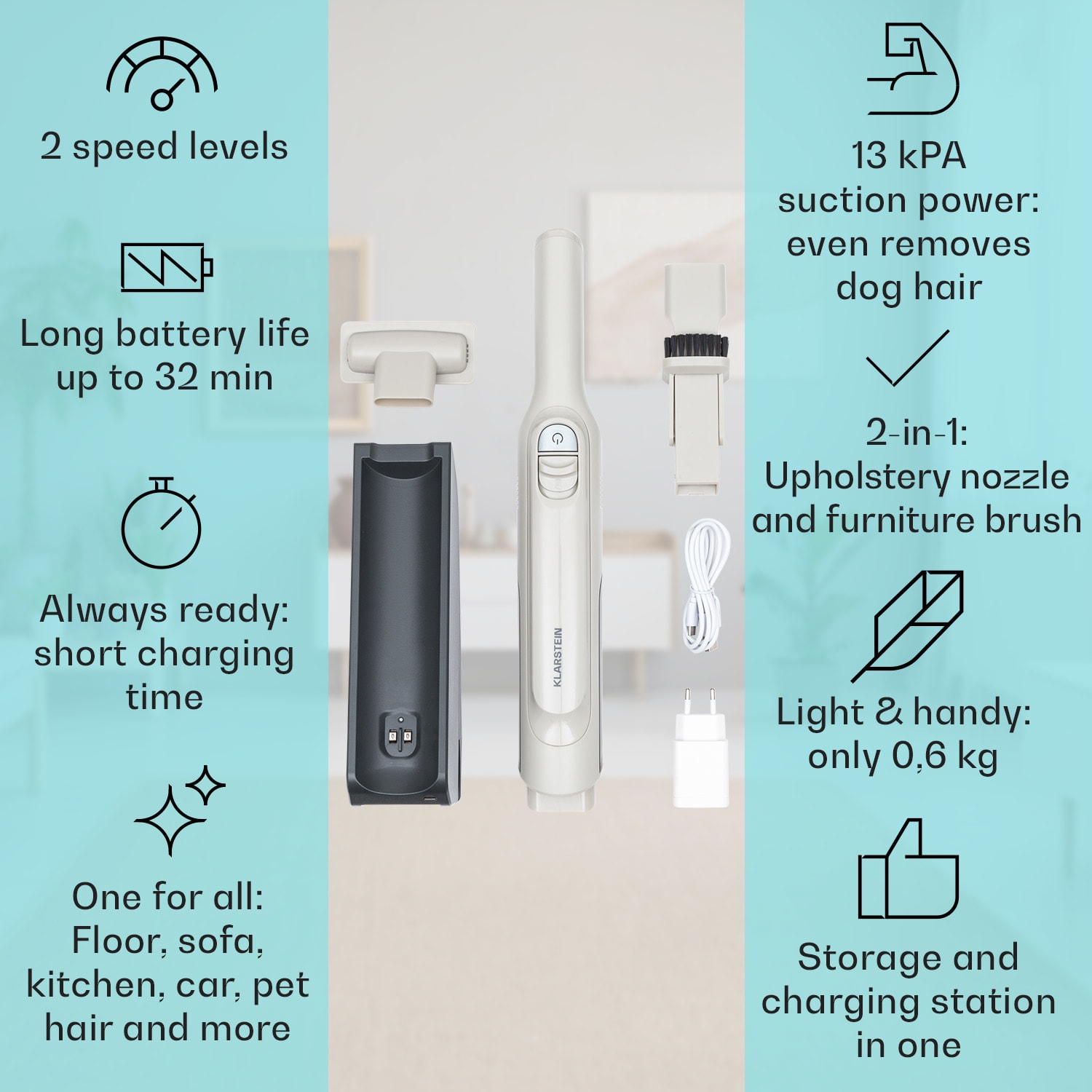 LARMA akumulátorový ruční vysavač, akumulátorový, bezsáčkový, na baterie, doba chodu max. 32 min. 