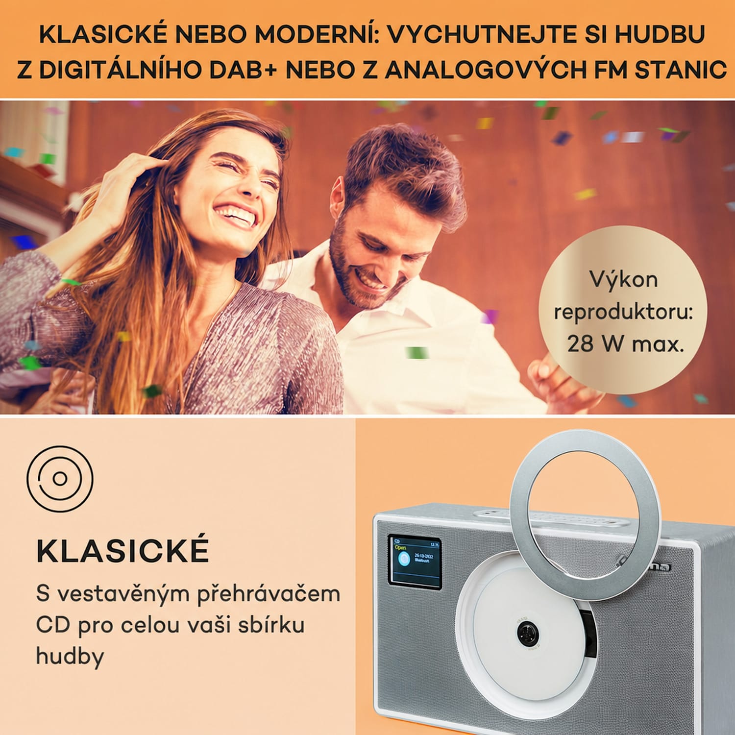 Vertico Swing DAB | DAB+ rádio se Swing CD přehrávačem | FM/DAB+ | AUX | BT | USB Stříbrná metalíza