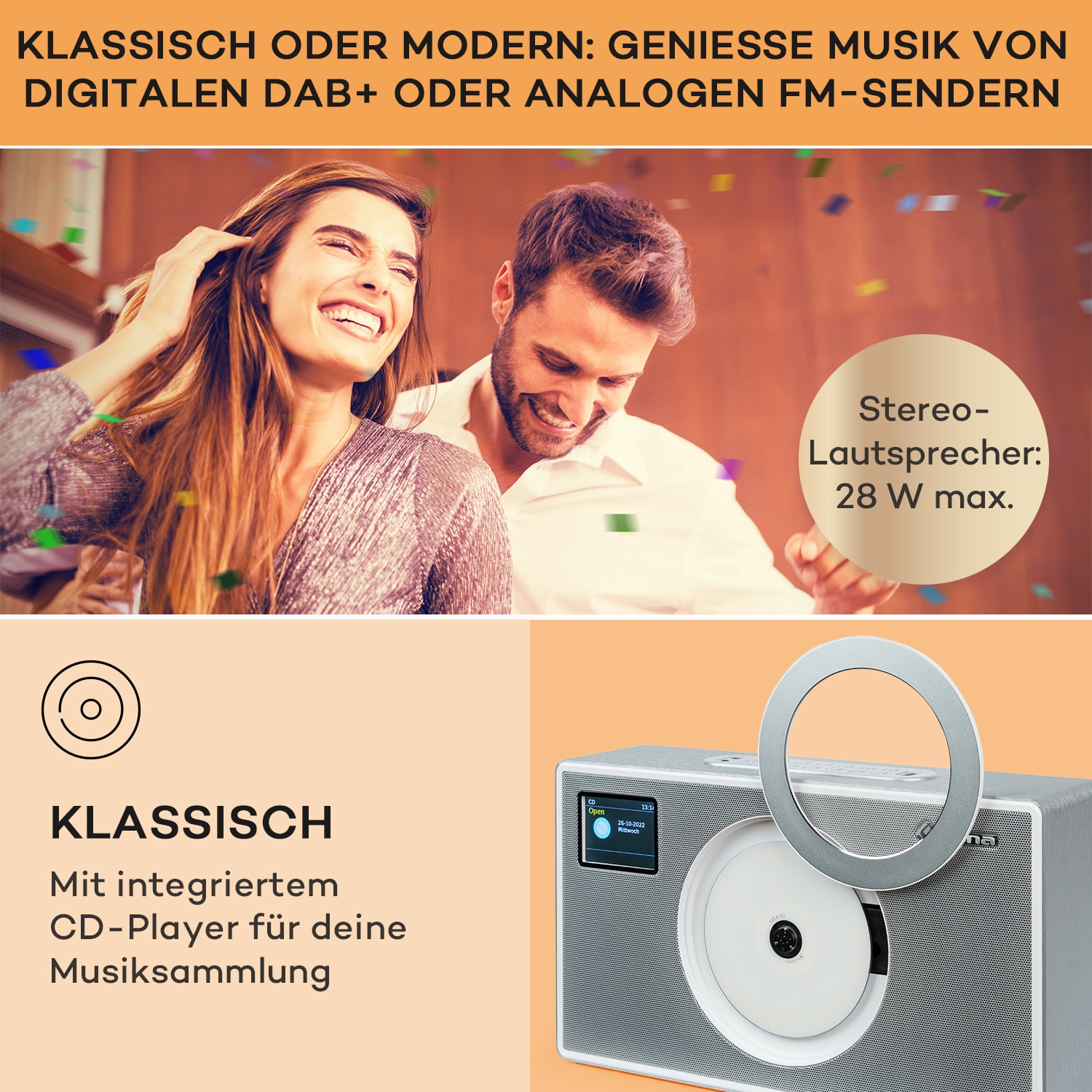 Vertico Swing DAB | DAB+ Radio mit Swing-CD-Player | FM/DAB+ | AUX | BT | USB  Silber-Metallic
