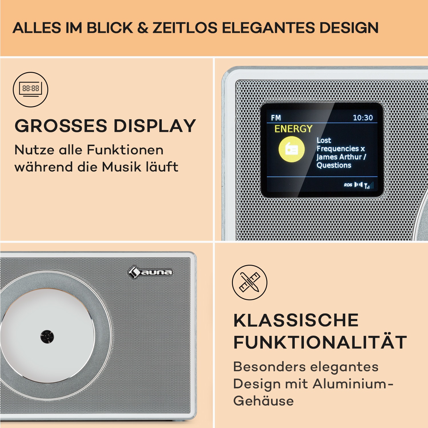 Vertico Swing DAB | DAB+ Radio mit Swing-CD-Player | FM/DAB+ | AUX | BT | USB  Silber-Metallic