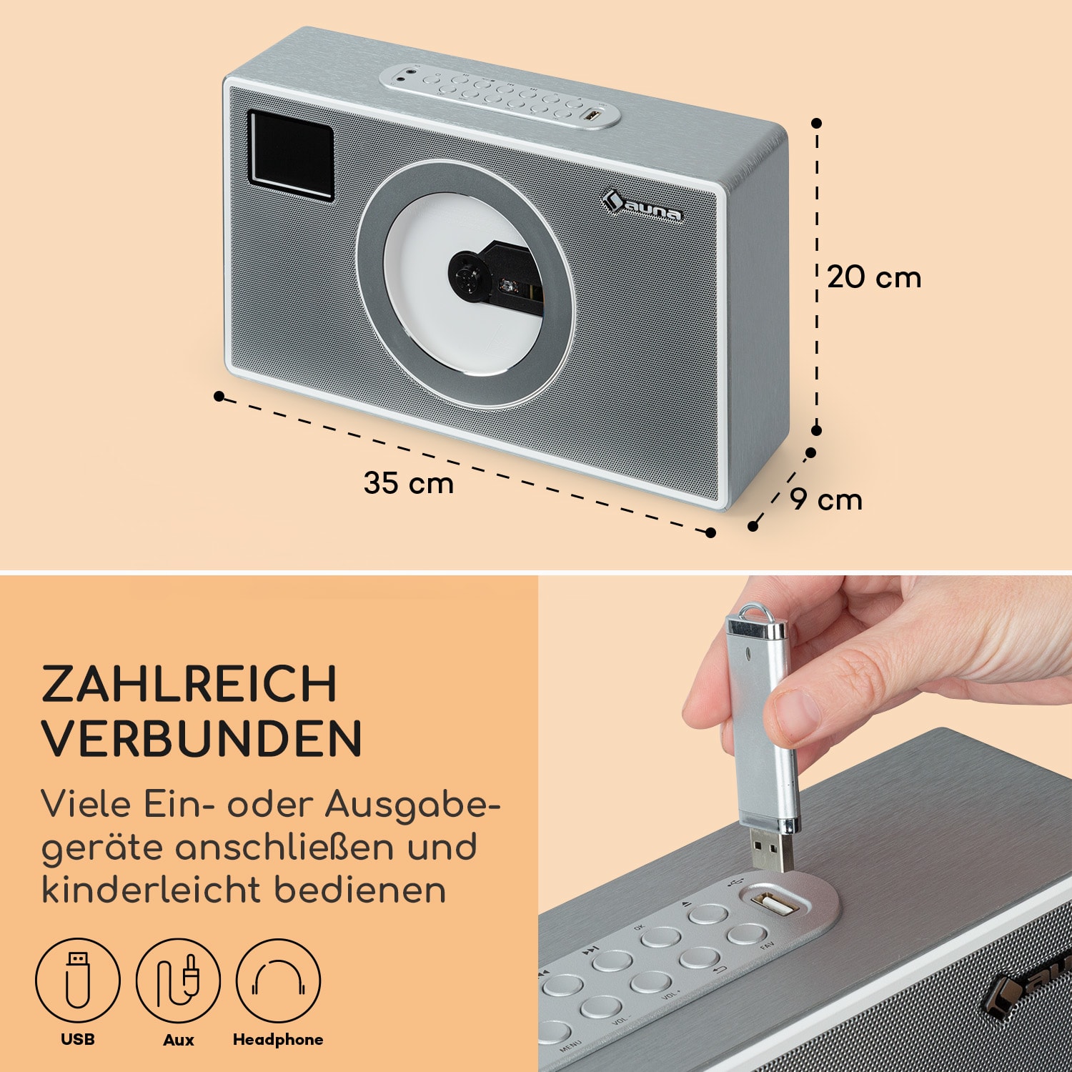 Vertico Swing DAB | DAB+ Radio mit Swing-CD-Player | FM/DAB+ | AUX | BT | USB  Silber-Metallic