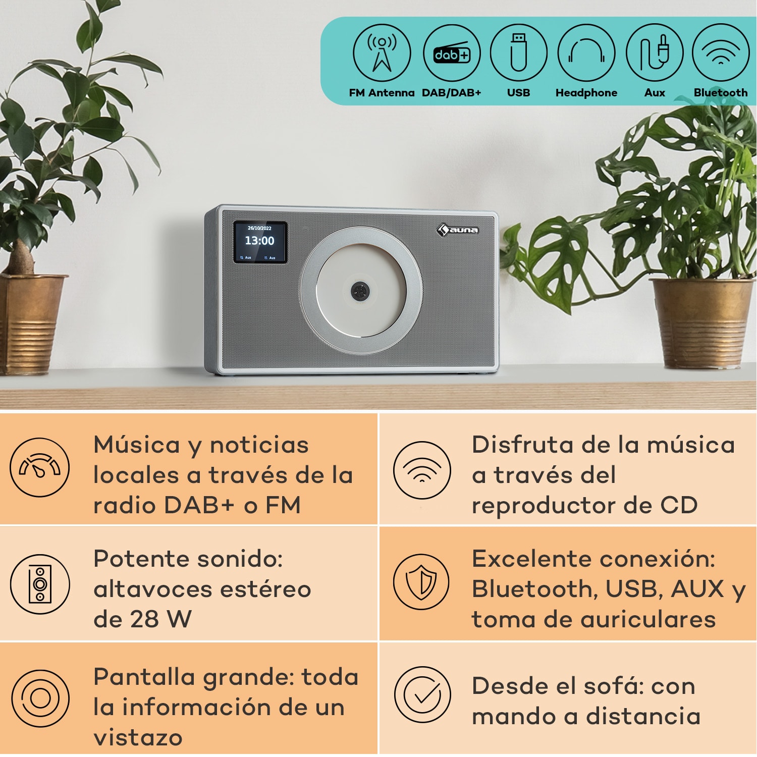 Vertico Swing DAB | Radio DAB+ con reproductor de CD | FM/DAB+ | AUX | BT | USB  Plata Metálica