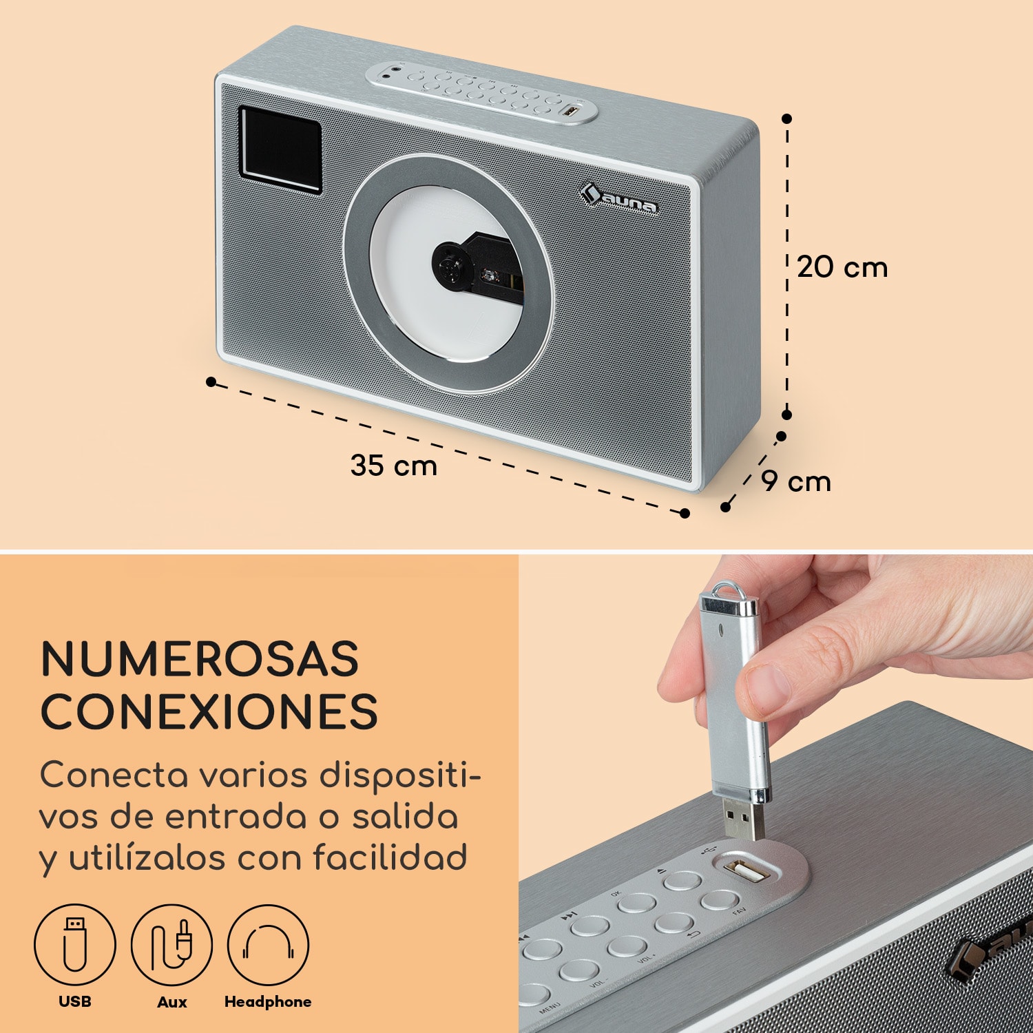 Vertico Swing DAB | Radio DAB+ con reproductor de CD | FM/DAB+ | AUX | BT | USB  Plata Metálica