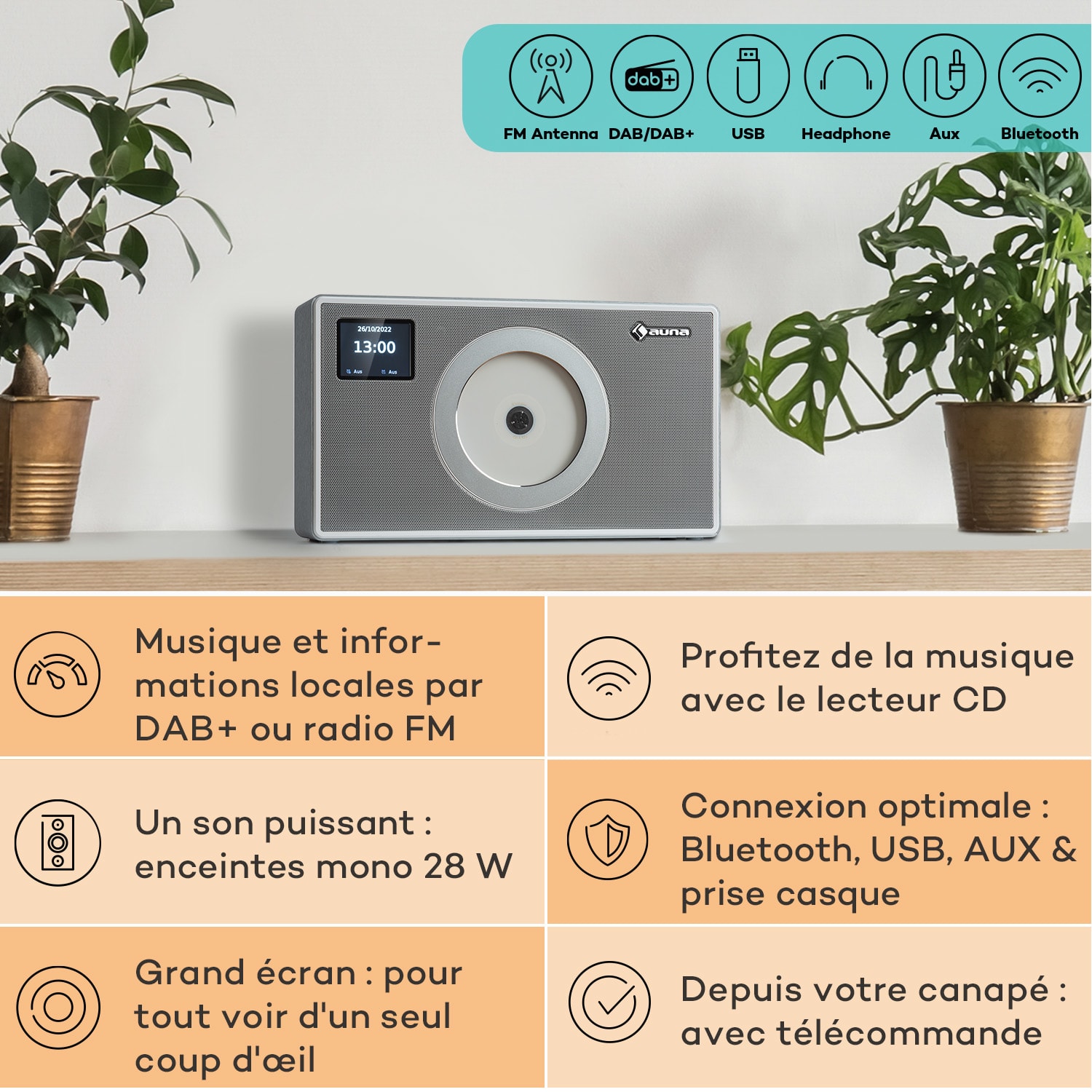 Vertico Swing radio DAB | DAB+ avec lecteur CD Swing | FM/DAB+ | AUX | BT | USB  Argent Métallisé