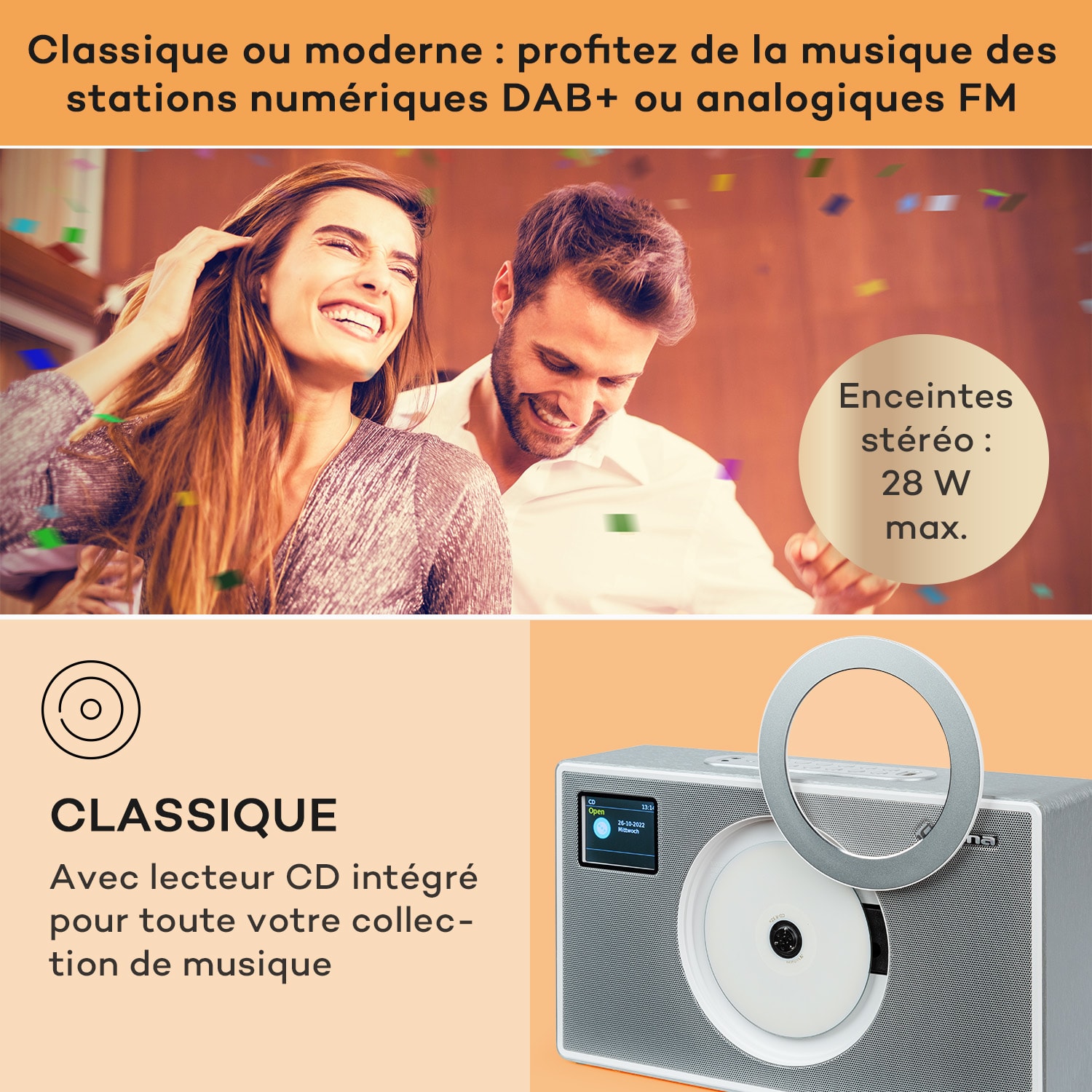 Vertico Swing radio DAB | DAB+ avec lecteur CD Swing | FM/DAB+ | AUX | BT | USB  Argent Métallisé
