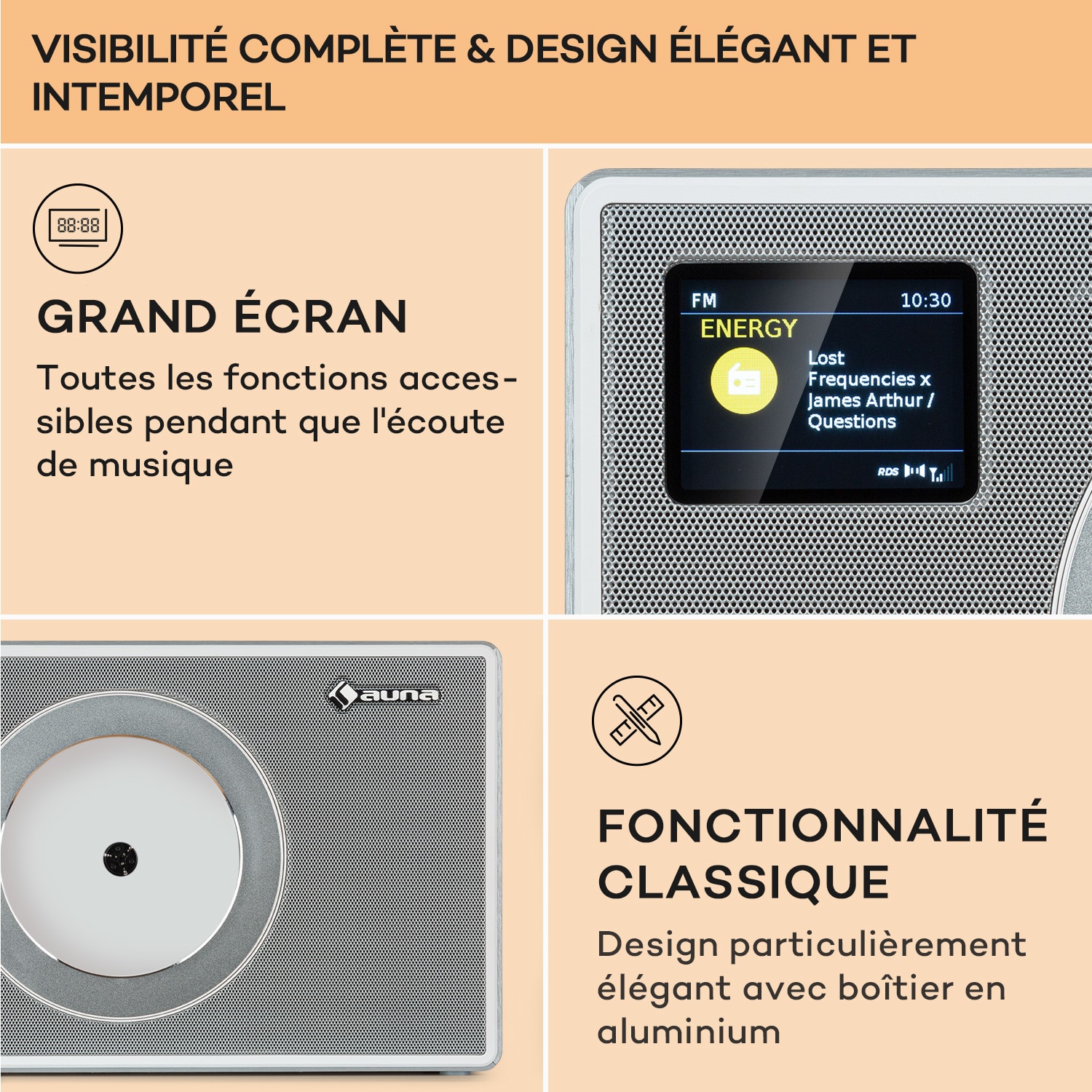 Vertico Swing radio DAB | DAB+ avec lecteur CD Swing | FM/DAB+ | AUX | BT | USB  Argent Métallisé