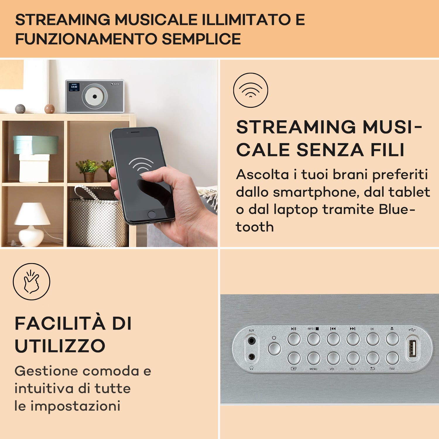 Vertico Swing DAB - Radio DAB+ con lettore CD Swing | FM/DAB+ | AUX | BT | USB  Argento metallizzato