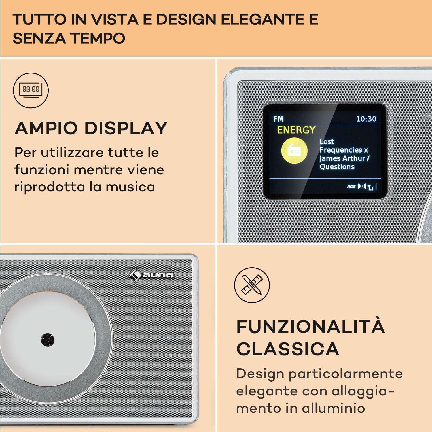 Vertico Swing DAB - Radio DAB+ con lettore CD Swing | FM/DAB+ | AUX | BT | USB  Argento metallizzato