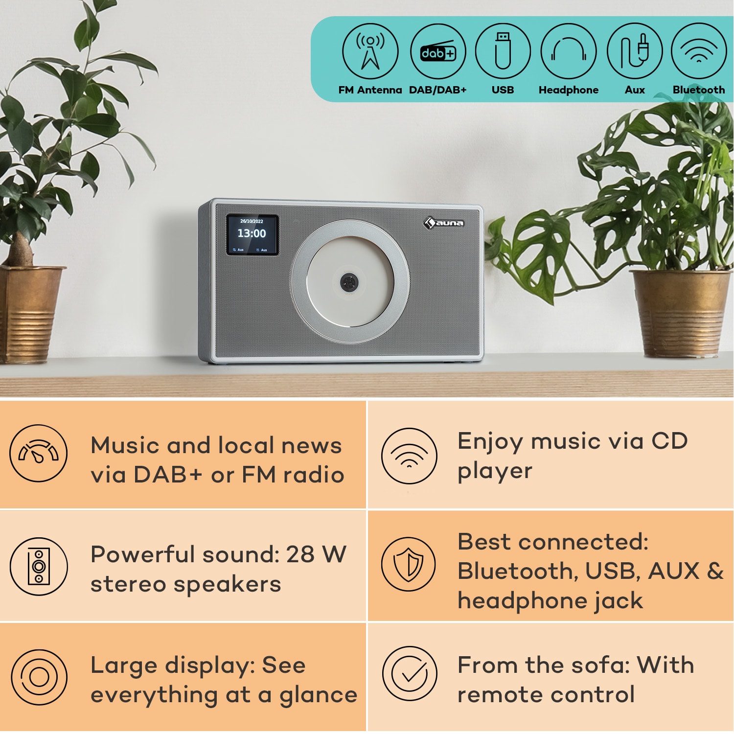 Vertico Swing DAB | DAB+ rádió Swing CD lejátszóval | FM/DAB+ | AUX | BT | USB Ezüst metál