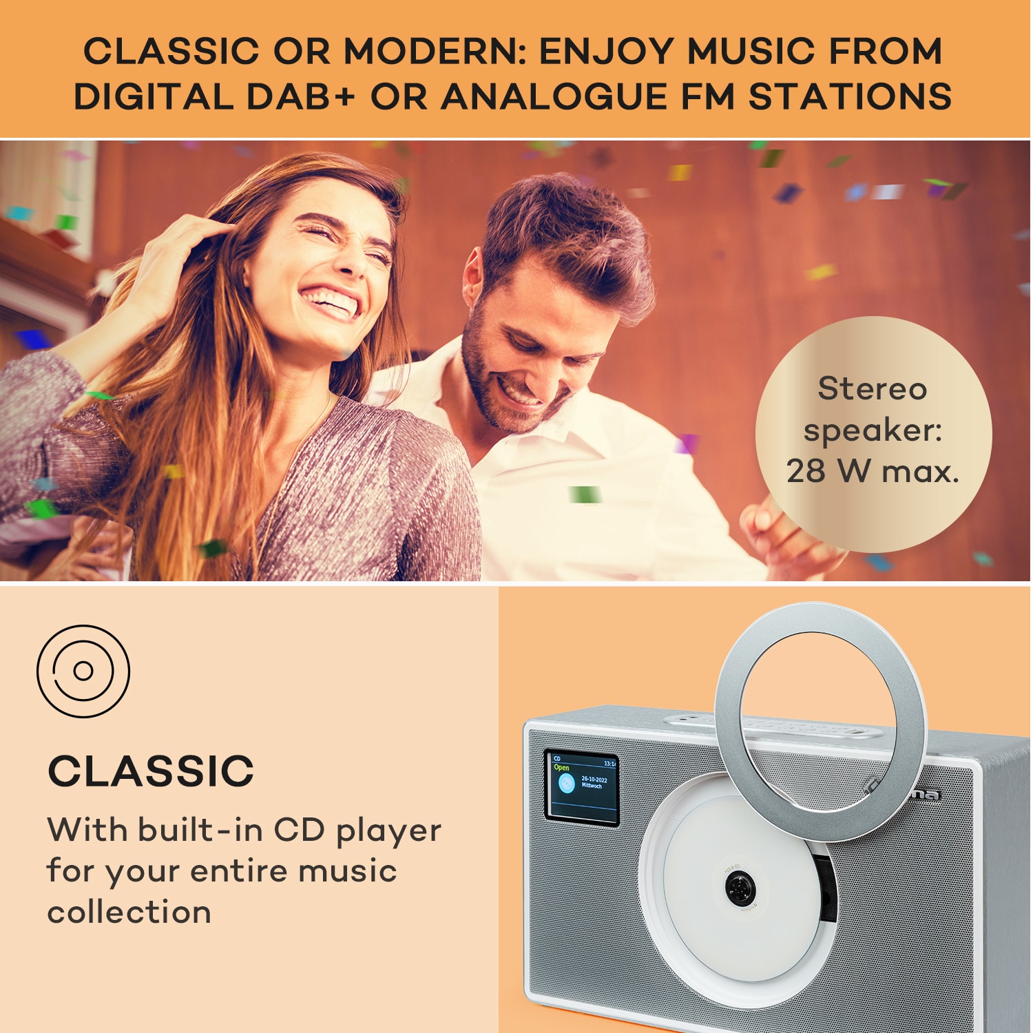 Vertico Swing DAB | DAB+ rádió Swing CD lejátszóval | FM/DAB+ | AUX | BT | USB Ezüst metál