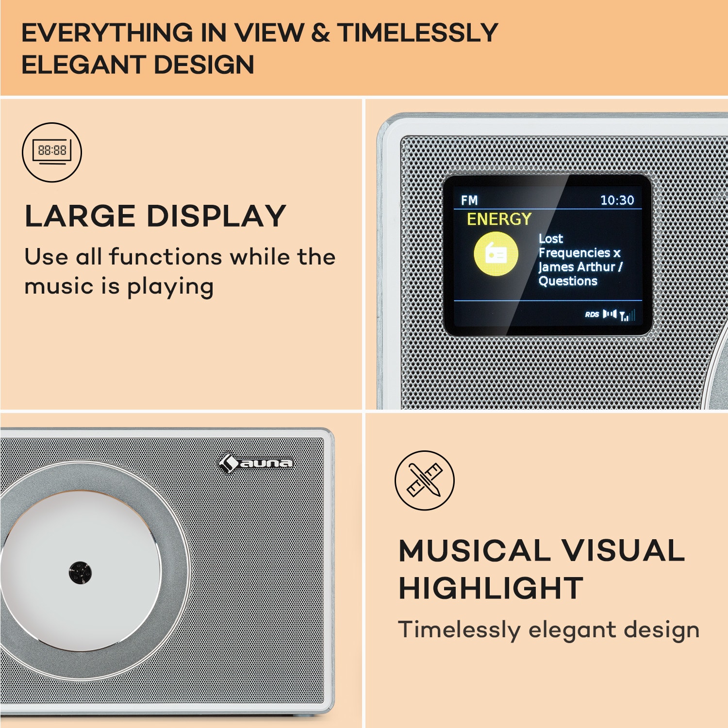 Vertico Swing DAB | DAB+ rádió Swing CD lejátszóval | FM/DAB+ | AUX | BT | USB Ezüst metál