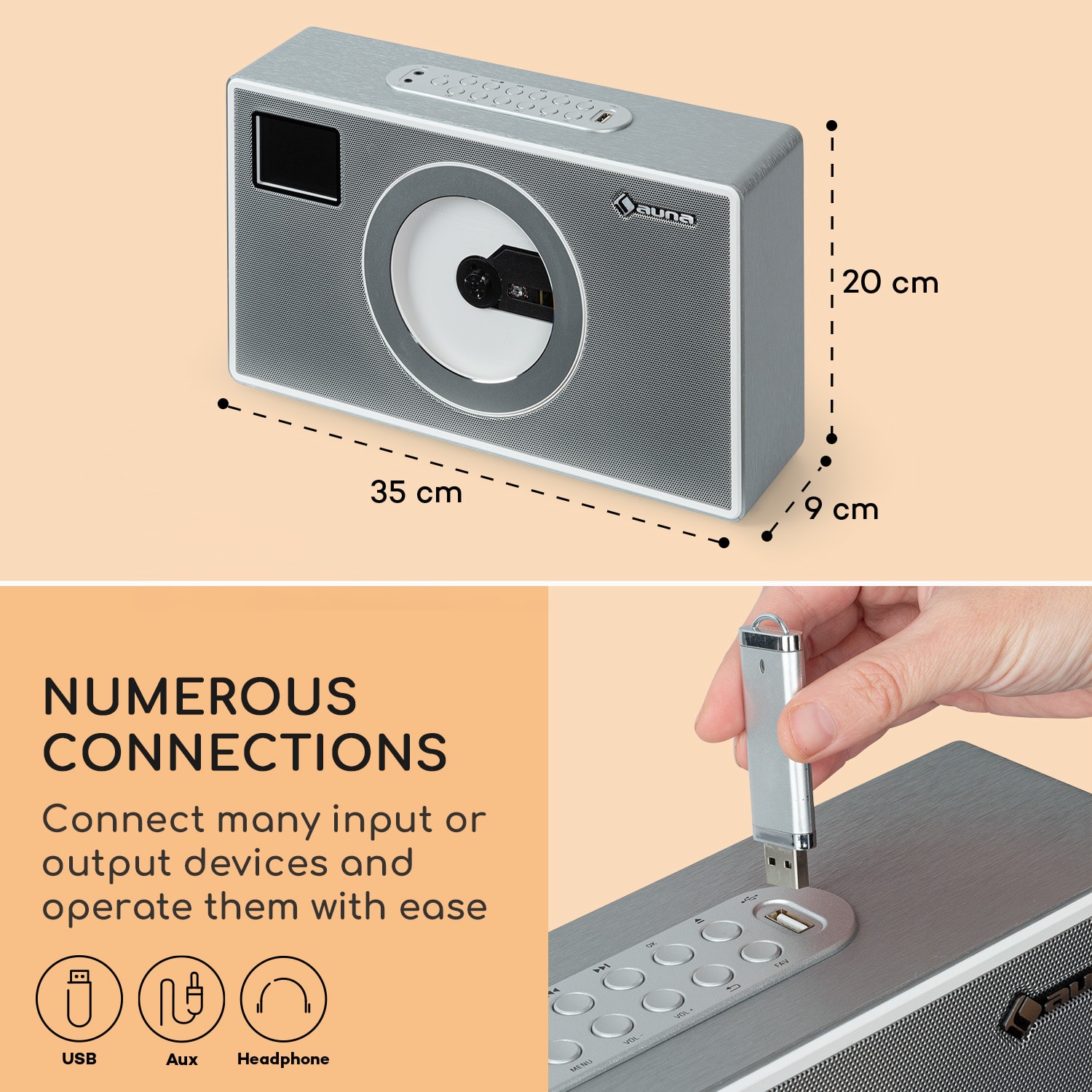 Vertico Swing DAB | DAB+ rádió Swing CD lejátszóval | FM/DAB+ | AUX | BT | USB Ezüst metál