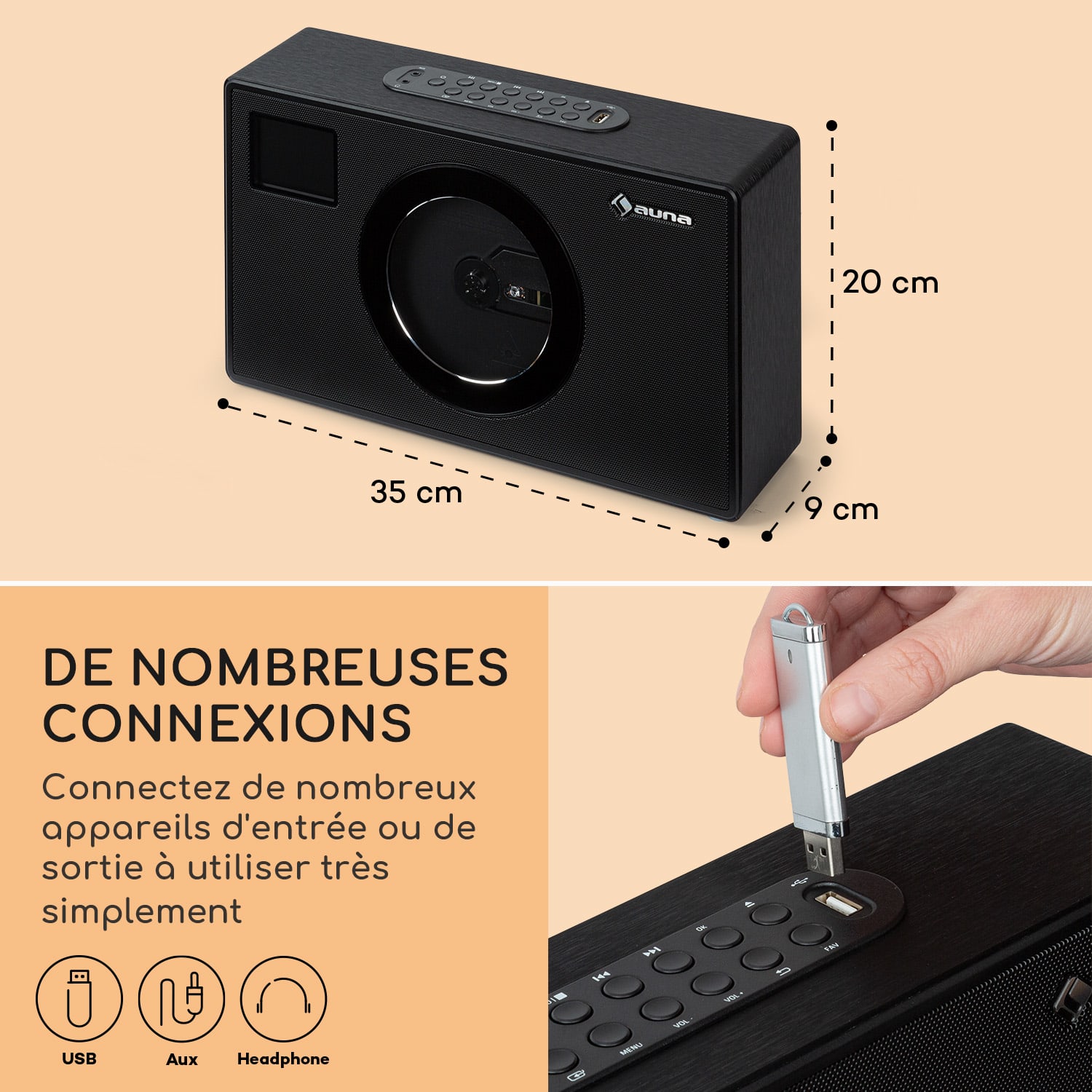 Vertico Swing radio DAB | DAB+ avec lecteur CD Swing | FM/DAB+ | AUX | BT | USB  Noir