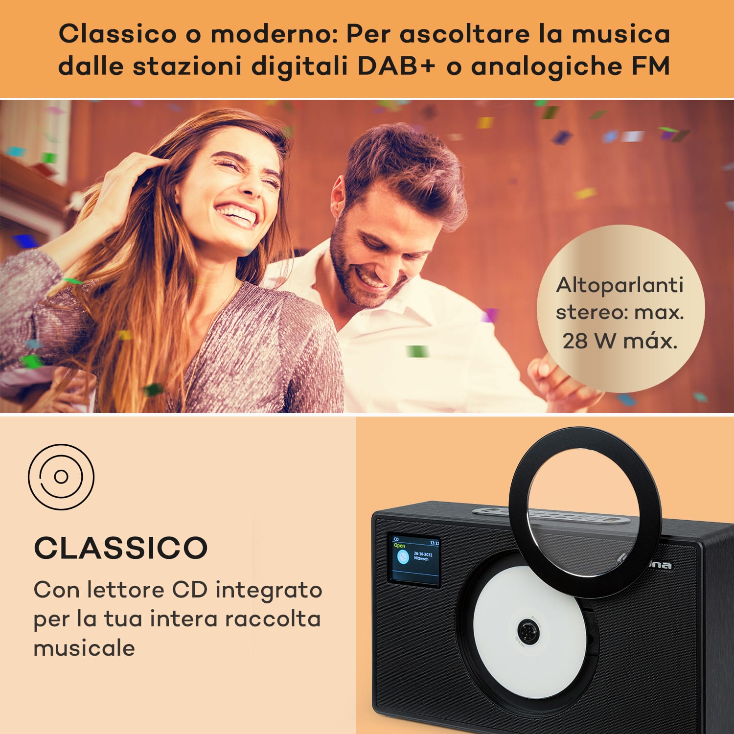 Vertico Swing DAB - Radio DAB+ con lettore CD Swing | FM/DAB+ | AUX | BT | USB  Nero
