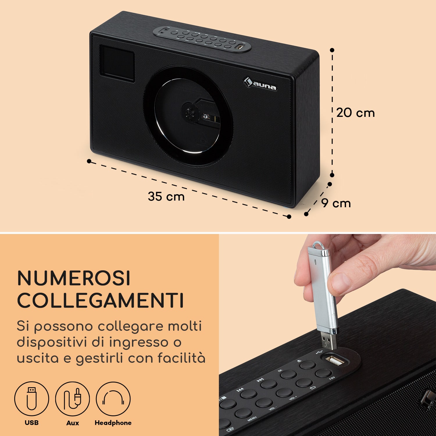 Vertico Swing DAB - Radio DAB+ con lettore CD Swing | FM/DAB+ | AUX | BT | USB  Nero