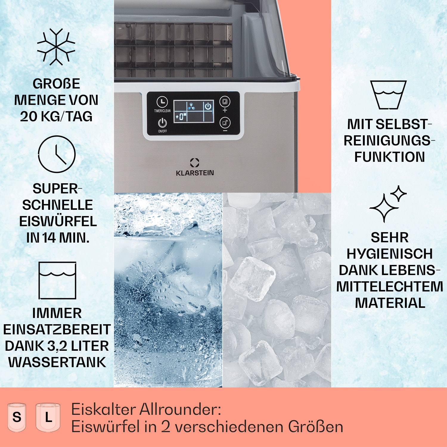 Chios Eiswürfelmaschine 20 kg/24 h Auto-Clean 3,2-Liter Wassertank Edelstahl