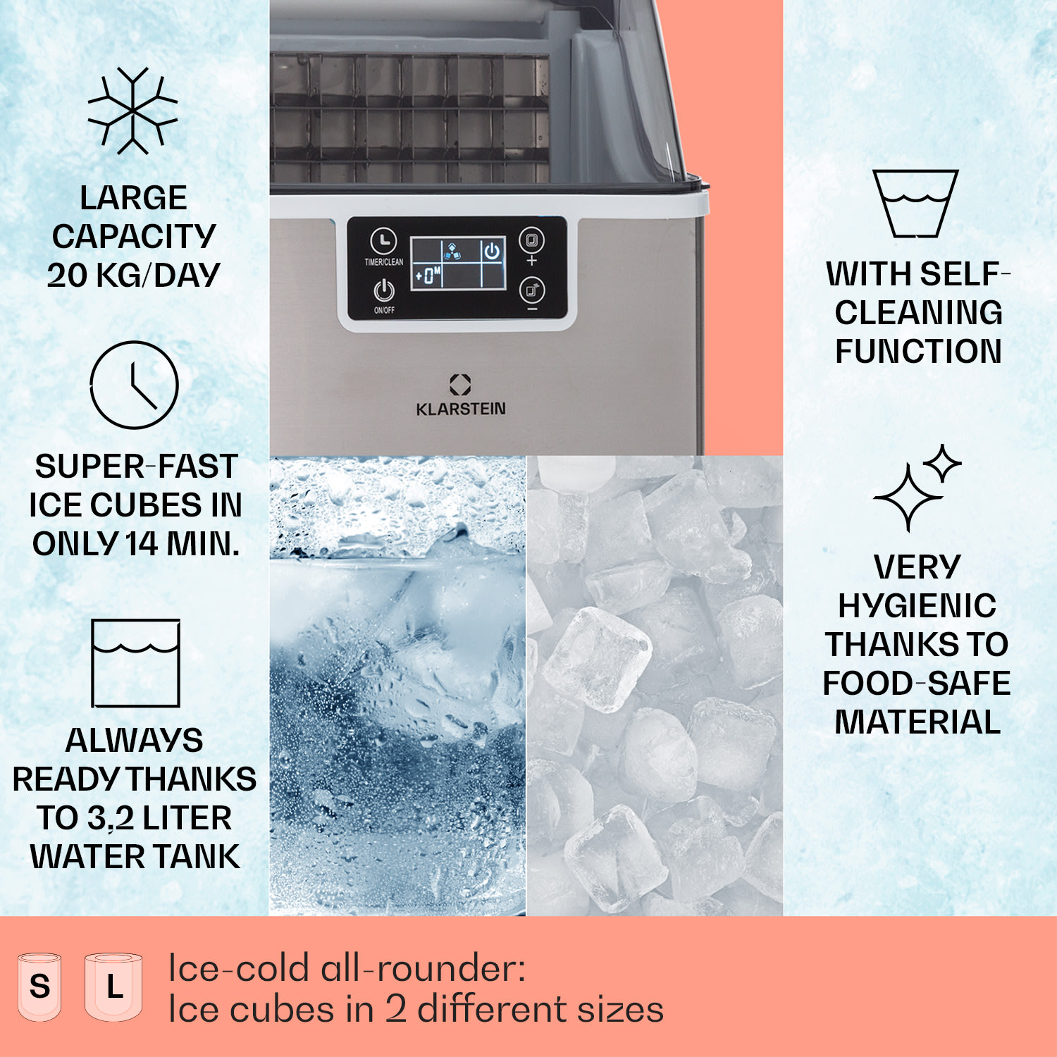 Chios, kostkarka do lodu, 20 kg/24 h, automatyczne czyszczenie, zbiornik na wodę 3,2 l Stal nierdzewna