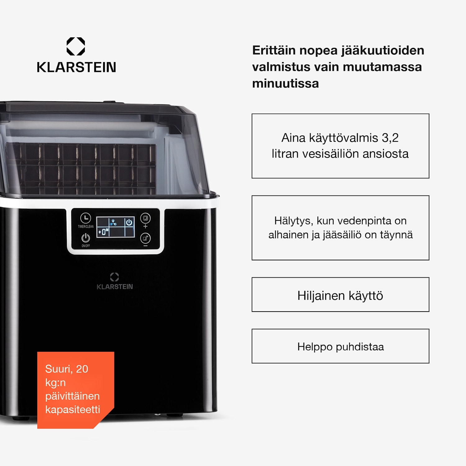Chios-jääpalakone 20 kg/24 h Auto-Clean 3,2 litran vesisäiliö Musta