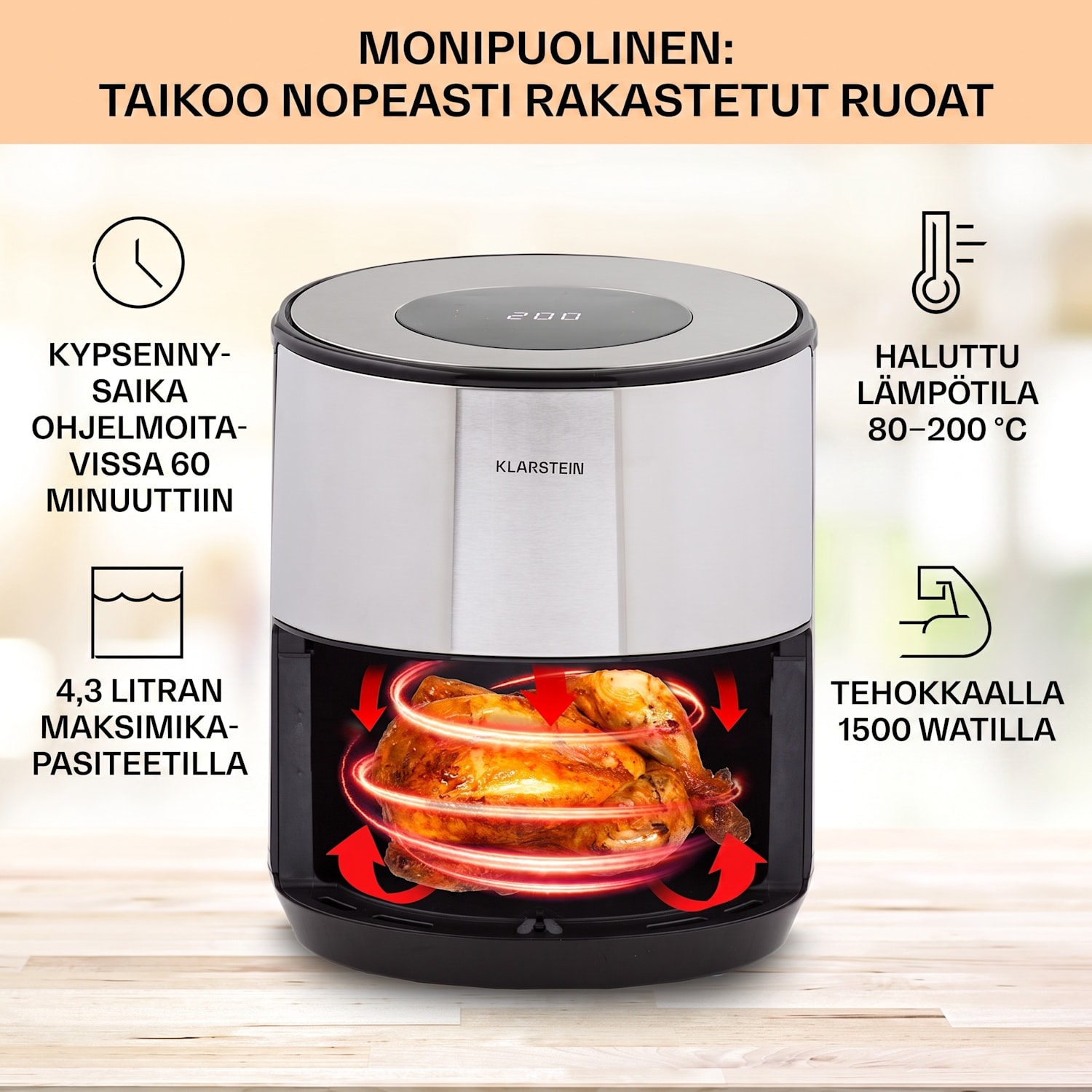 Klarstein Crisp-Pro 4.3L ilmakäristin ruostumaton teräs 