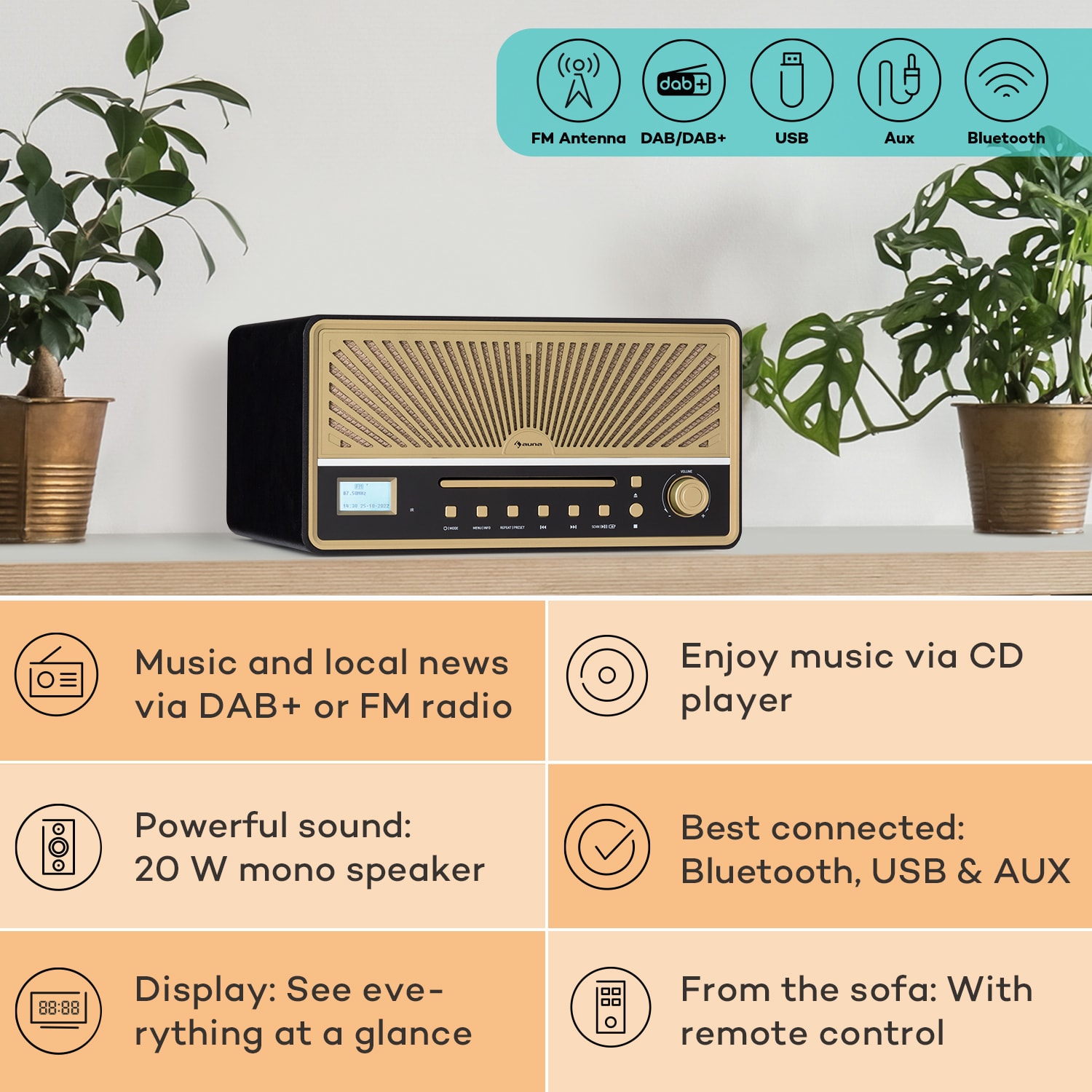 Glastonbury, DAB CD-rádio, stereo reproduktory, BT, DAB/UWK, MP3, USB, Line-In 