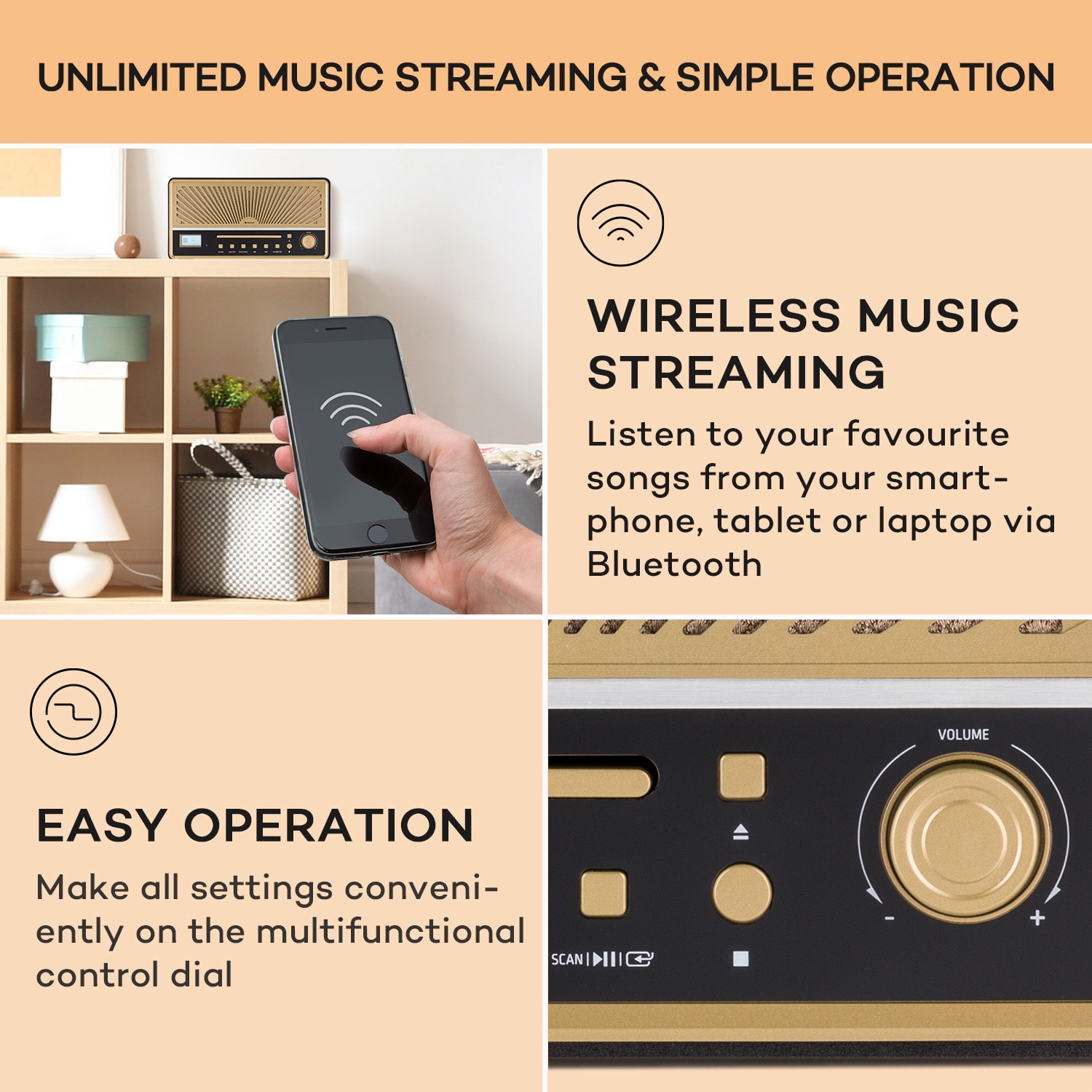 Glastonbury, DAB CD-rádio, stereo reproduktory, BT, DAB/UWK, MP3, USB, Line-In 