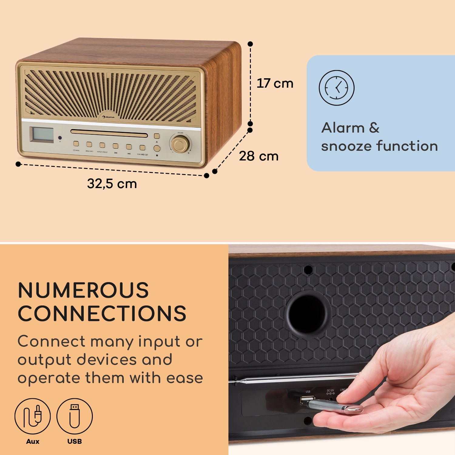 Glastonbury, DAB CD-rádio, stereo reproduktory, BT, DAB/UWK, MP3, USB, Line-In 