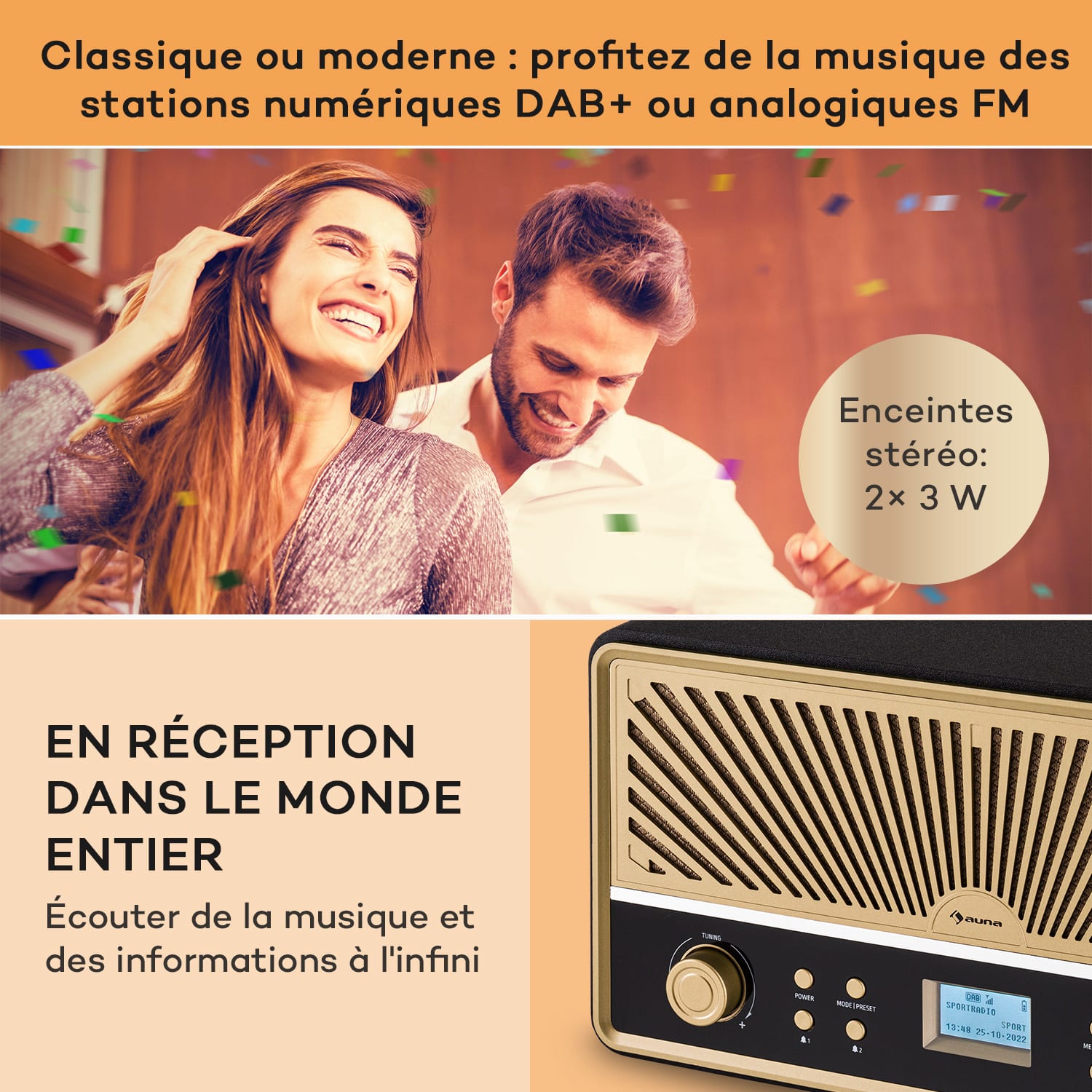 Radio numérique Glastonbury Go Batterie Li-ion stéréo BT DAB/FM MP3 USB Line-In