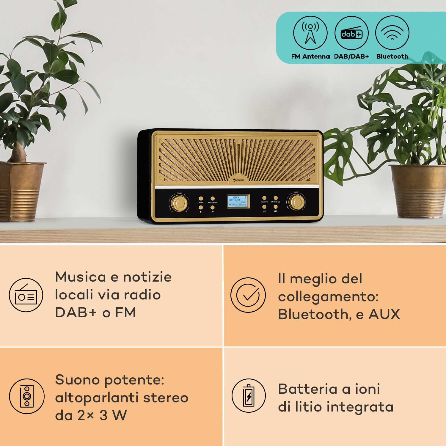 Glastonbury Go - Radio digitale, stereo, batteria agli ioni di litio, BT, DAB/FM, MP3, USB, line-in 