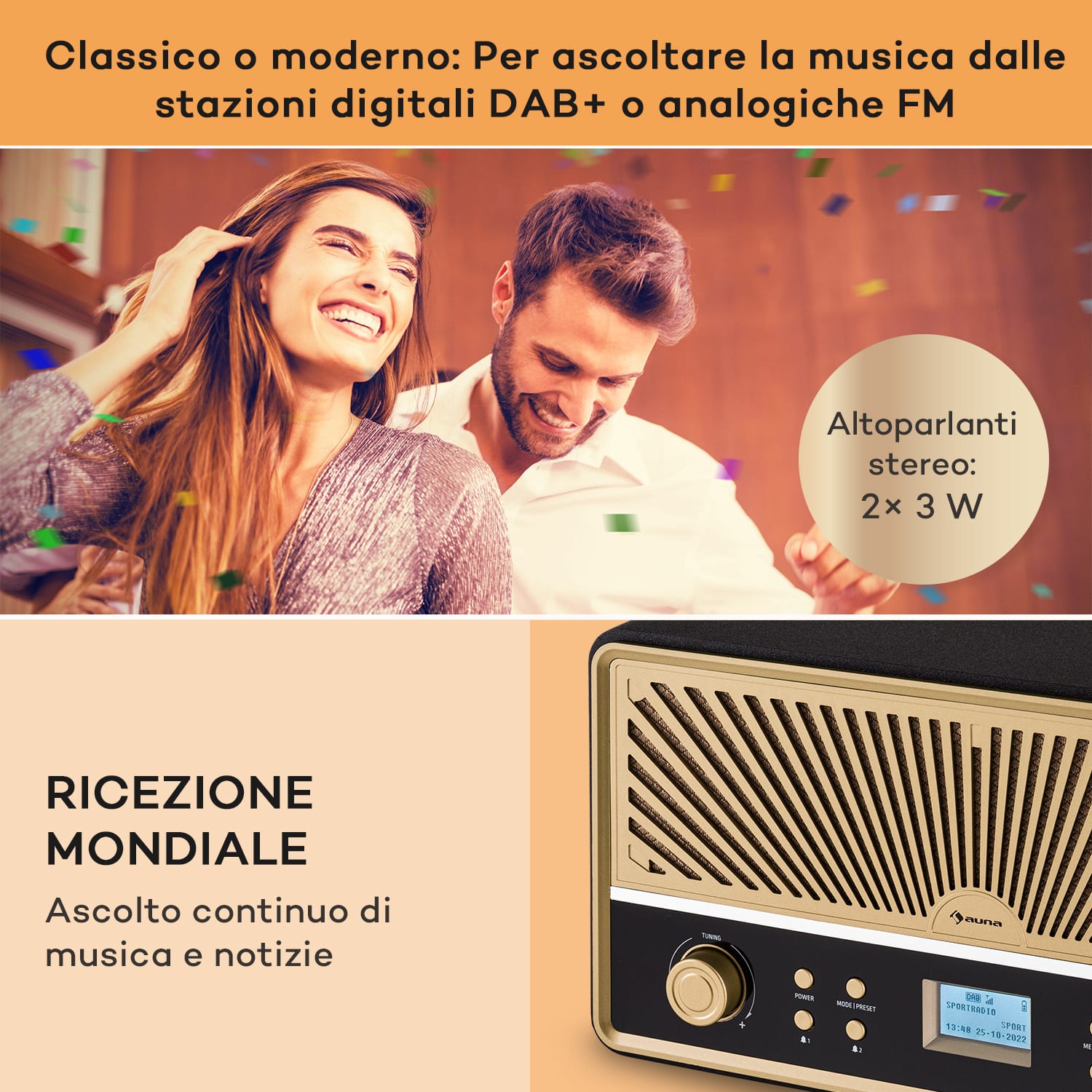 Glastonbury Go - Radio digitale, stereo, batteria agli ioni di litio, BT, DAB/FM, MP3, USB, line-in 