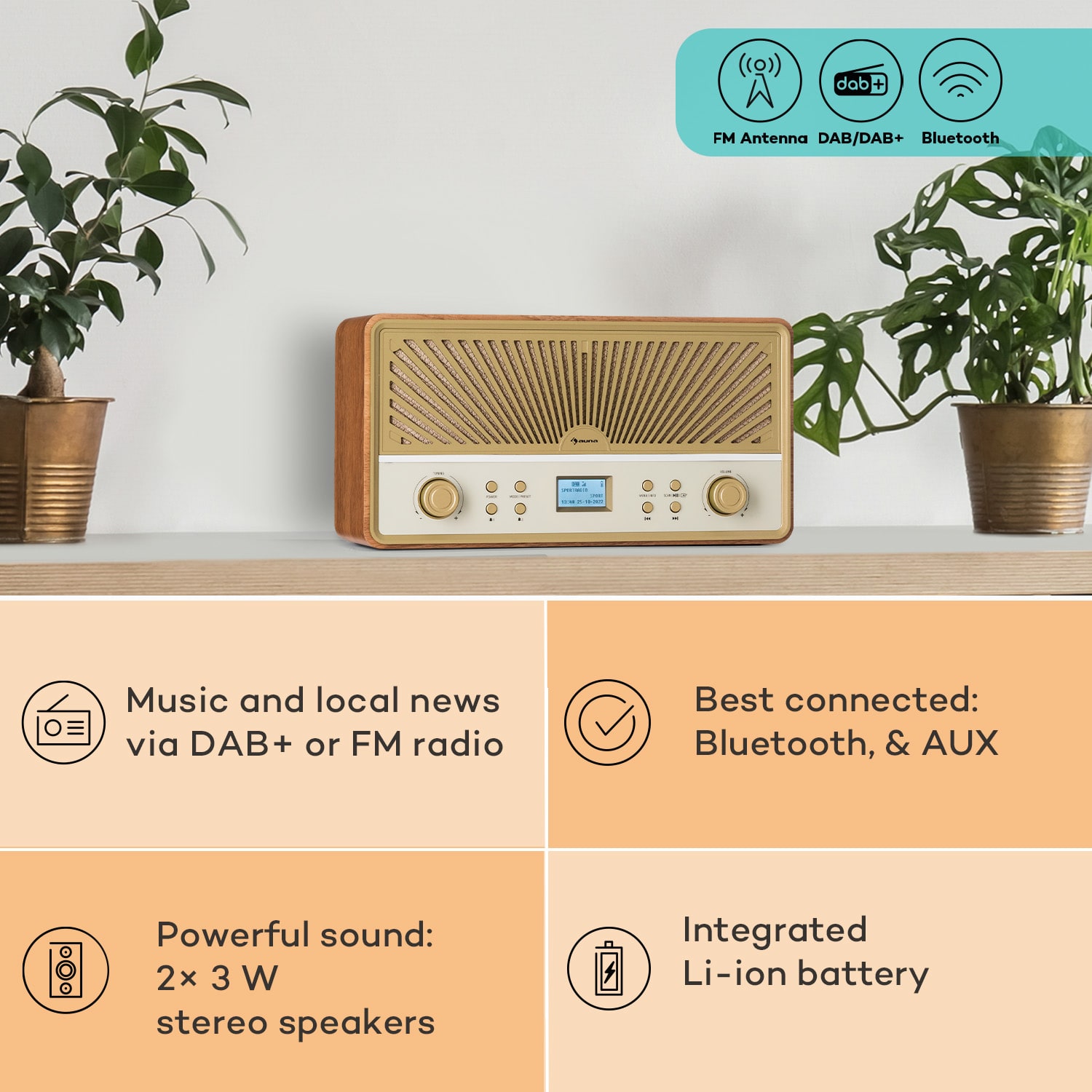 Glastonbury Go, radio cyfrowe stereo, akumulator litowo-jonowy, BT, DAB/FM, MP3, USB, Line-In Drewno Tekowe