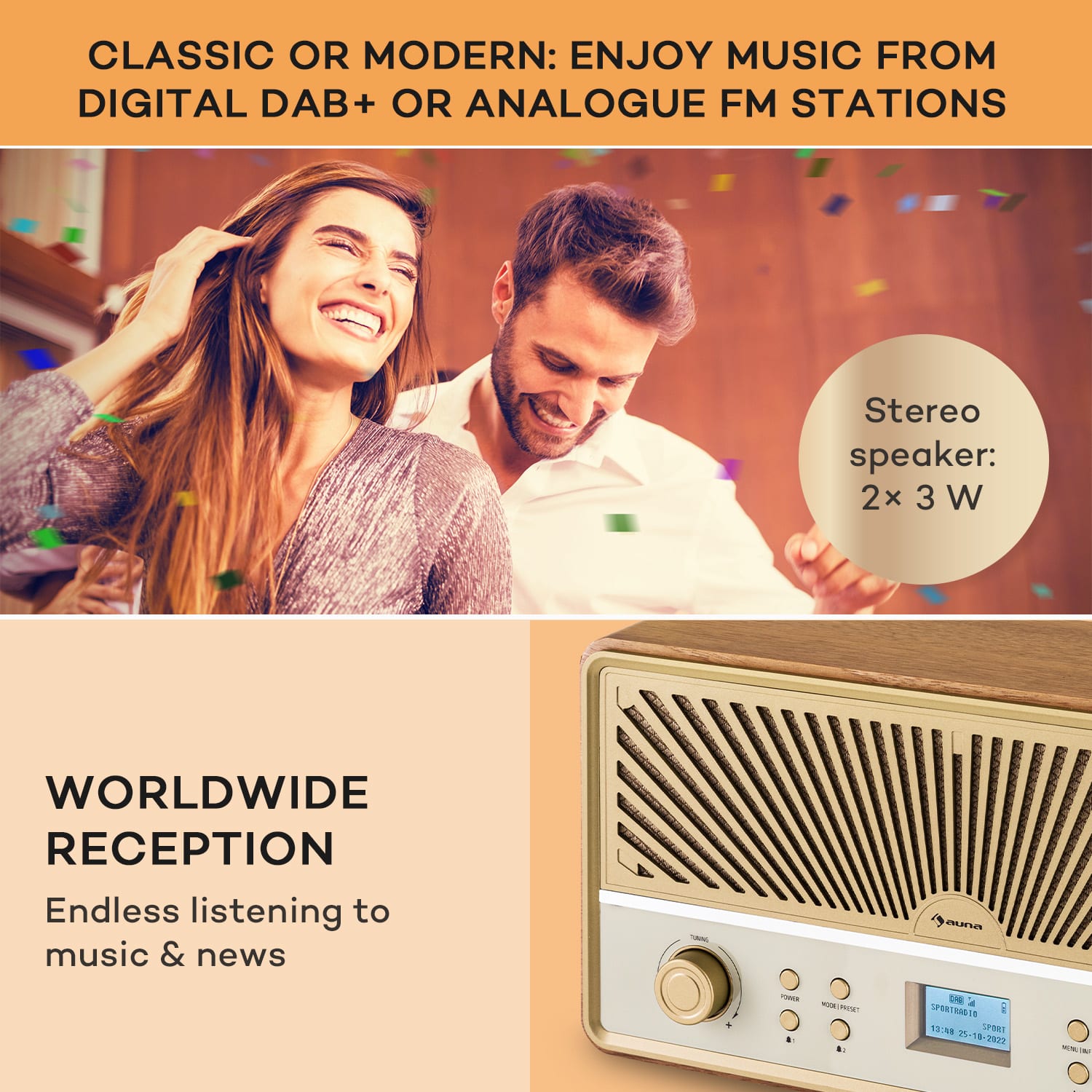 Glastonbury Go, radio cyfrowe stereo, akumulator litowo-jonowy, BT, DAB/FM, MP3, USB, Line-In Drewno Tekowe