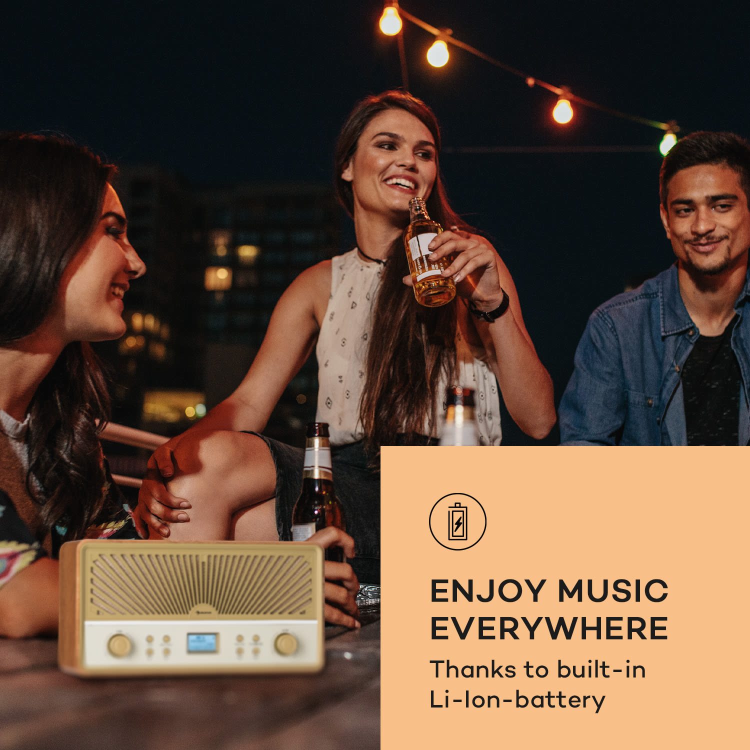 Glastonbury Go, radio cyfrowe stereo, akumulator litowo-jonowy, BT, DAB/FM, MP3, USB, Line-In Drewno Tekowe