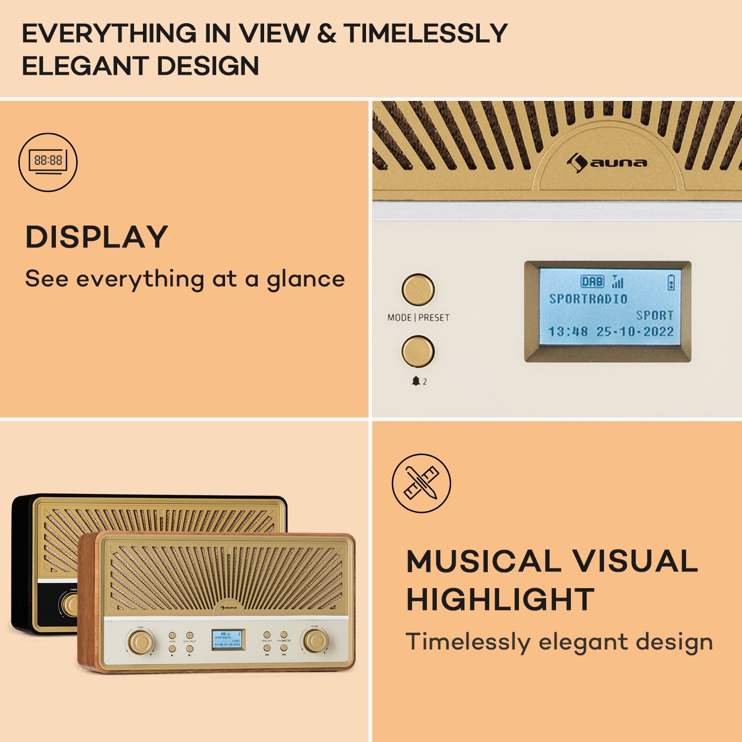 Glastonbury Go, radio cyfrowe stereo, akumulator litowo-jonowy, BT, DAB/FM, MP3, USB, Line-In Drewno Tekowe
