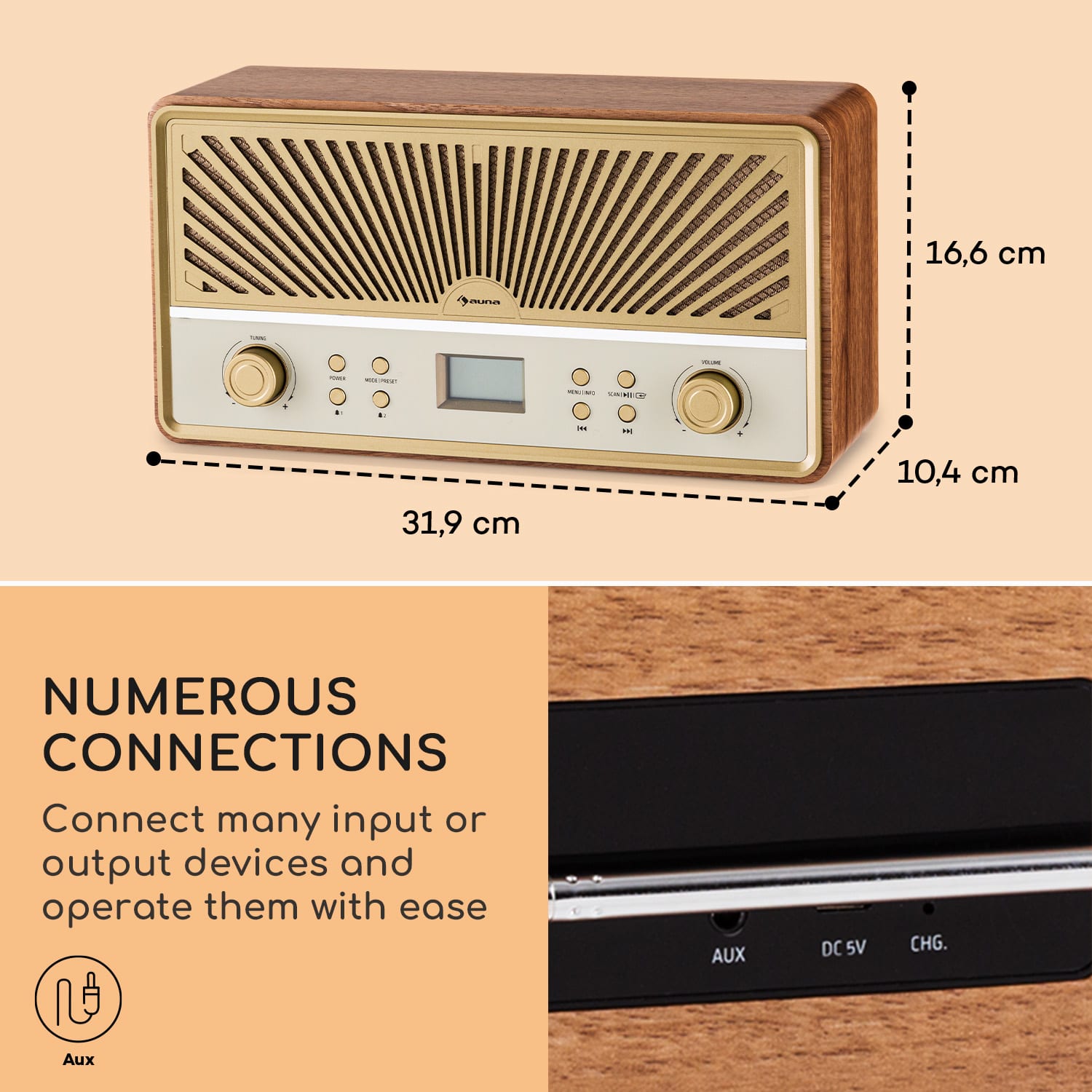 Glastonbury Go, radio cyfrowe stereo, akumulator litowo-jonowy, BT, DAB/FM, MP3, USB, Line-In Drewno Tekowe