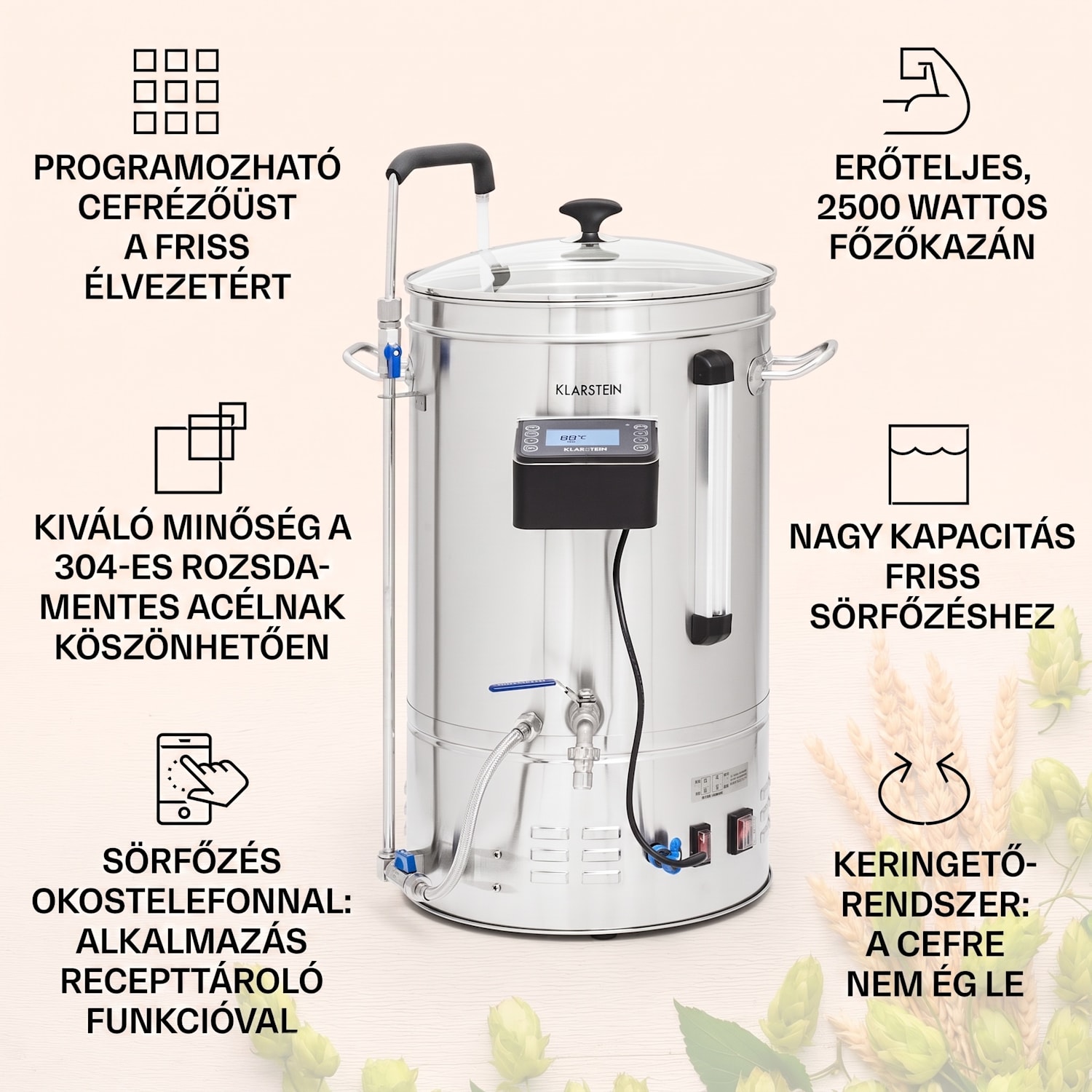 Brauheld Smart 35, sörfőző üst, 35 l, 2500 W, 100°C, keringető szivattyú, rozsdamentes acél 35 L | Rozsdamentes acél