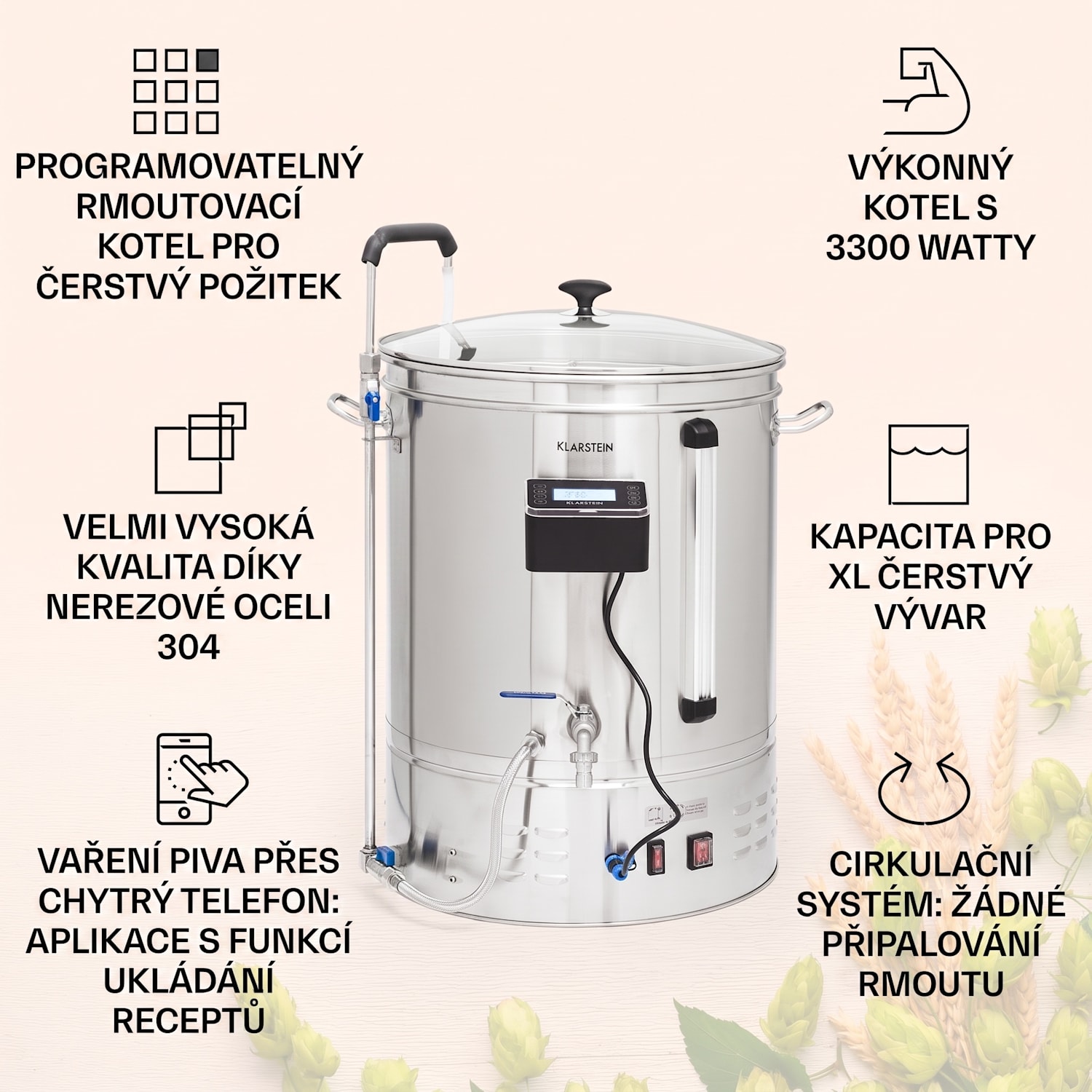 Brauheld Smart 65, sladový kotel, 65 l, 2500 W, 100 °C, oběhové čerpadlo, nerezová ocel 65 L | Nerezová ocel