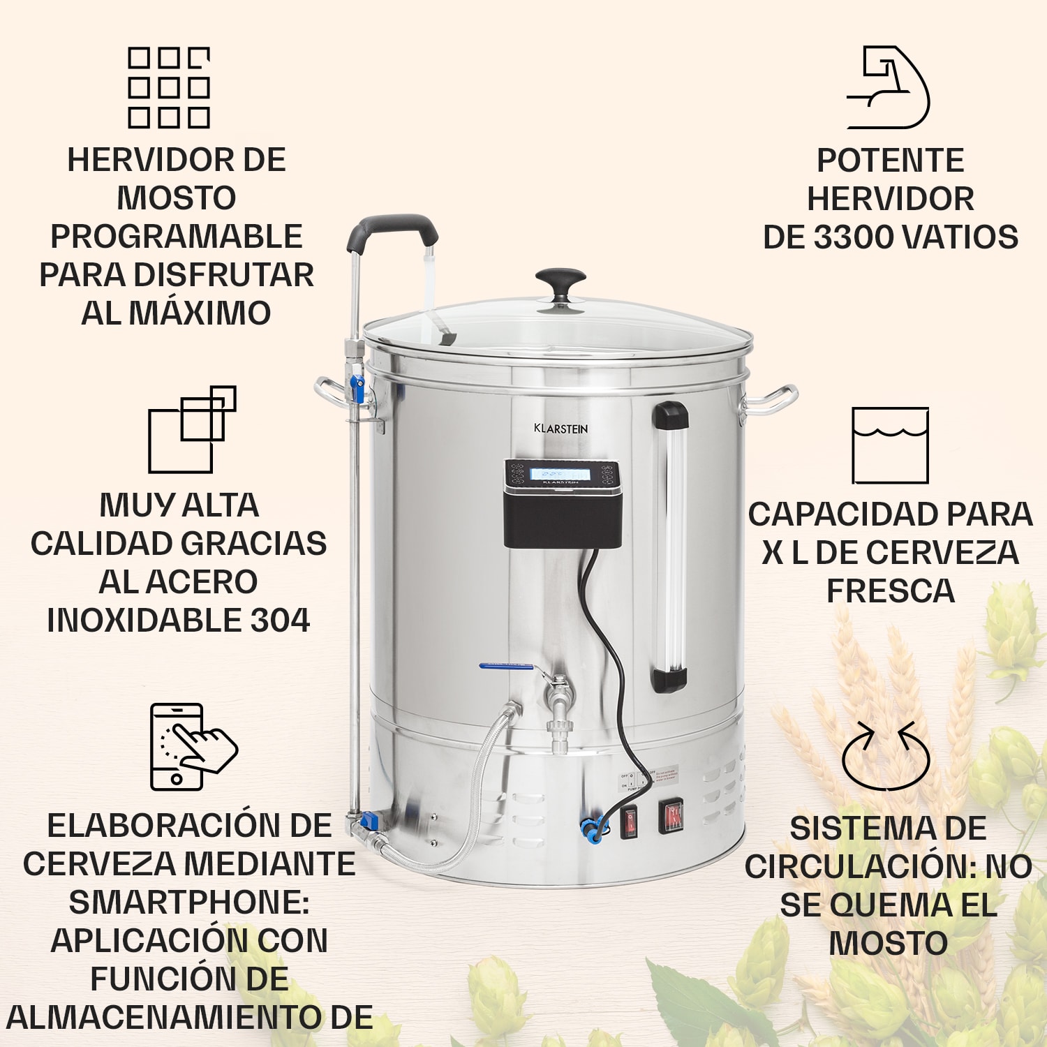 Brauheld Smart 65 Caldero de maceración 2500W 65L 100°C Bomba de circulación Acero inoxidable  65 L | Acero Inoxidable