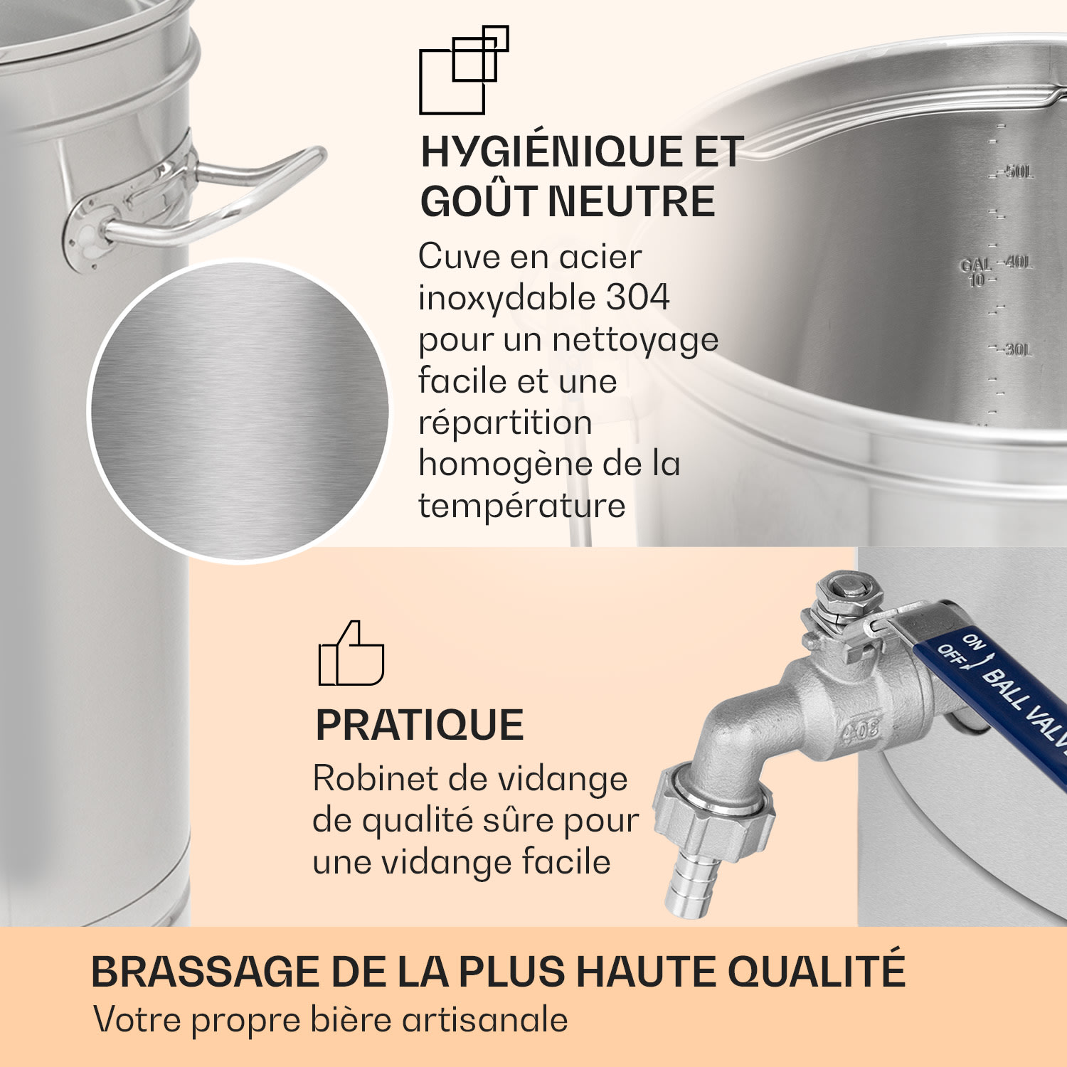 Brauheld Smart 65 cuve de brassage pompe de circulation 2500 W 65 L 100°C inox 65 L | Acier Inoxydable