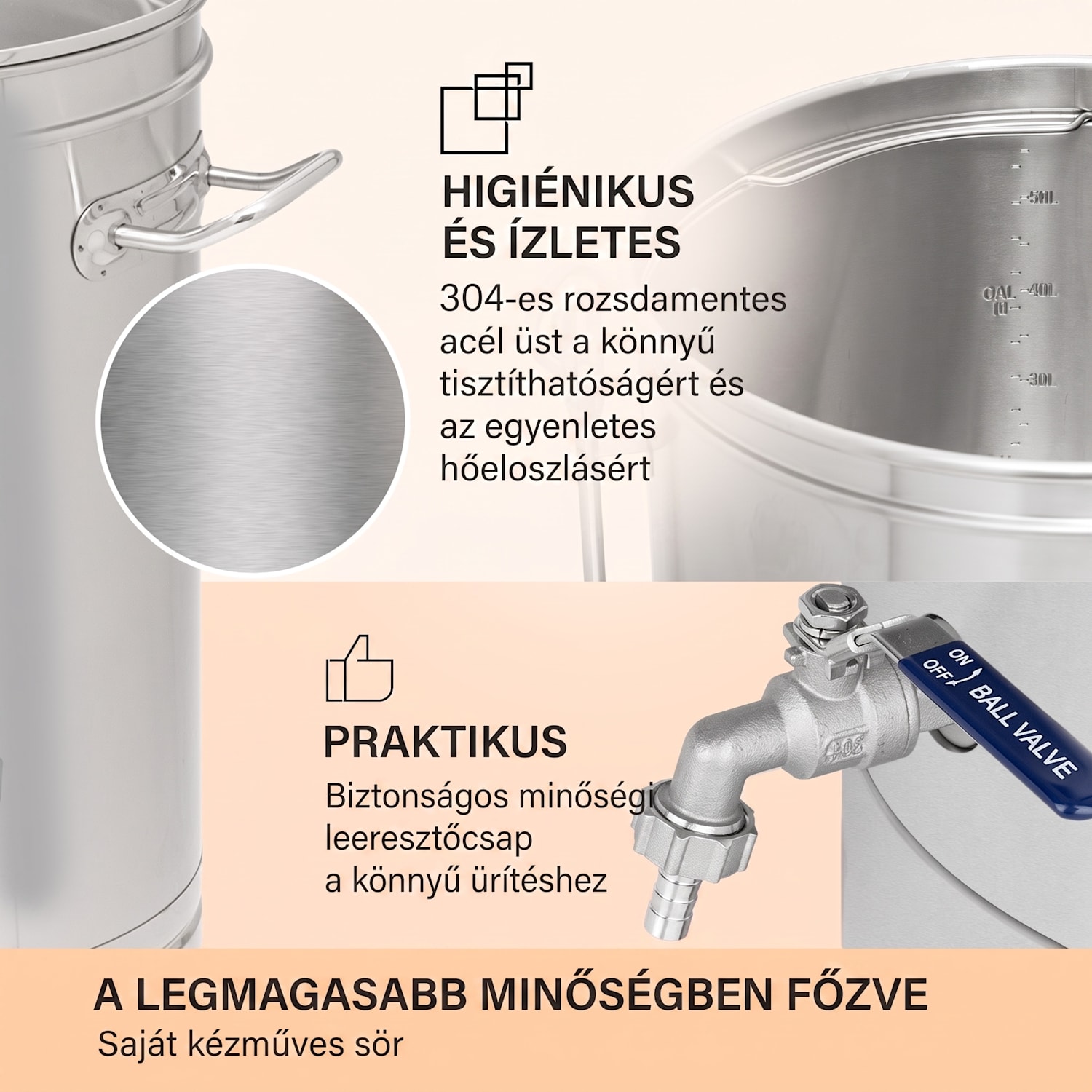 Brauheld Smart 65, cefréző üst, 65 l, 2500 W, 100°C, keringető szivattyú, rozsdamentes acél 65 L | Rozsdamentes acél