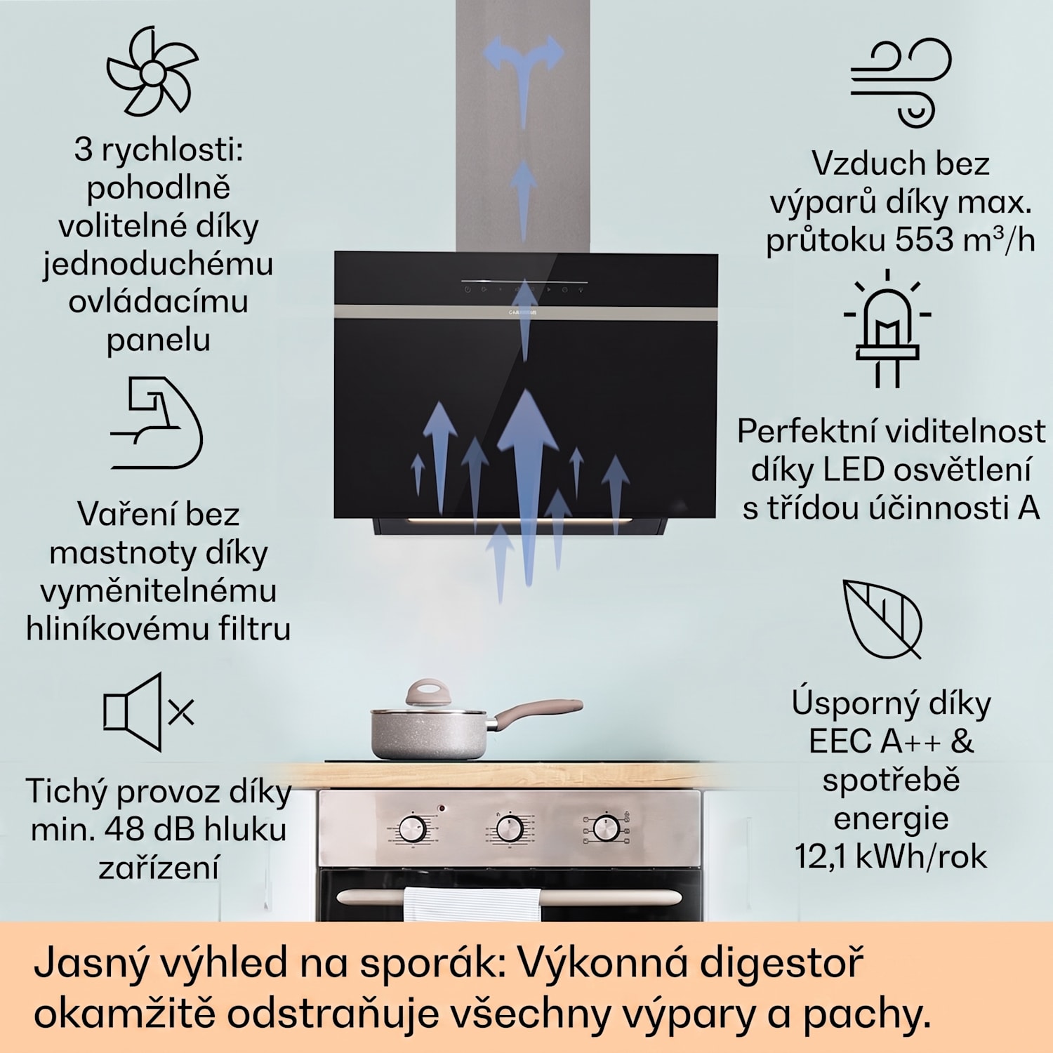 Ava 60 Smart, digestoř, 60 cm, nástěnná, Wi-Fi, A++, 585 m³/h, dotykový displej 60 cm | Černá