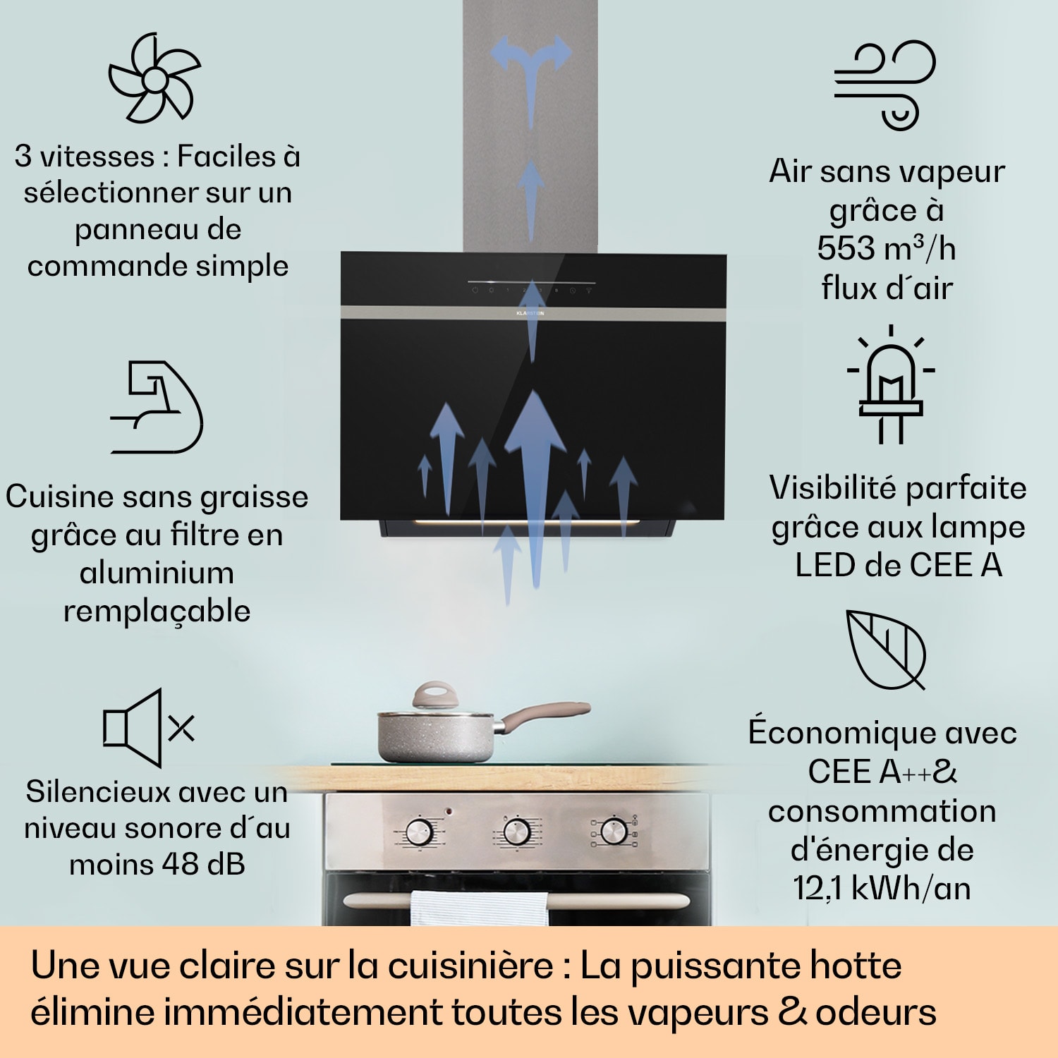 Ava 60 afzuigkap 60 cm wandkap wifi A++ 515 m³/h touch 60 cm | Zwart