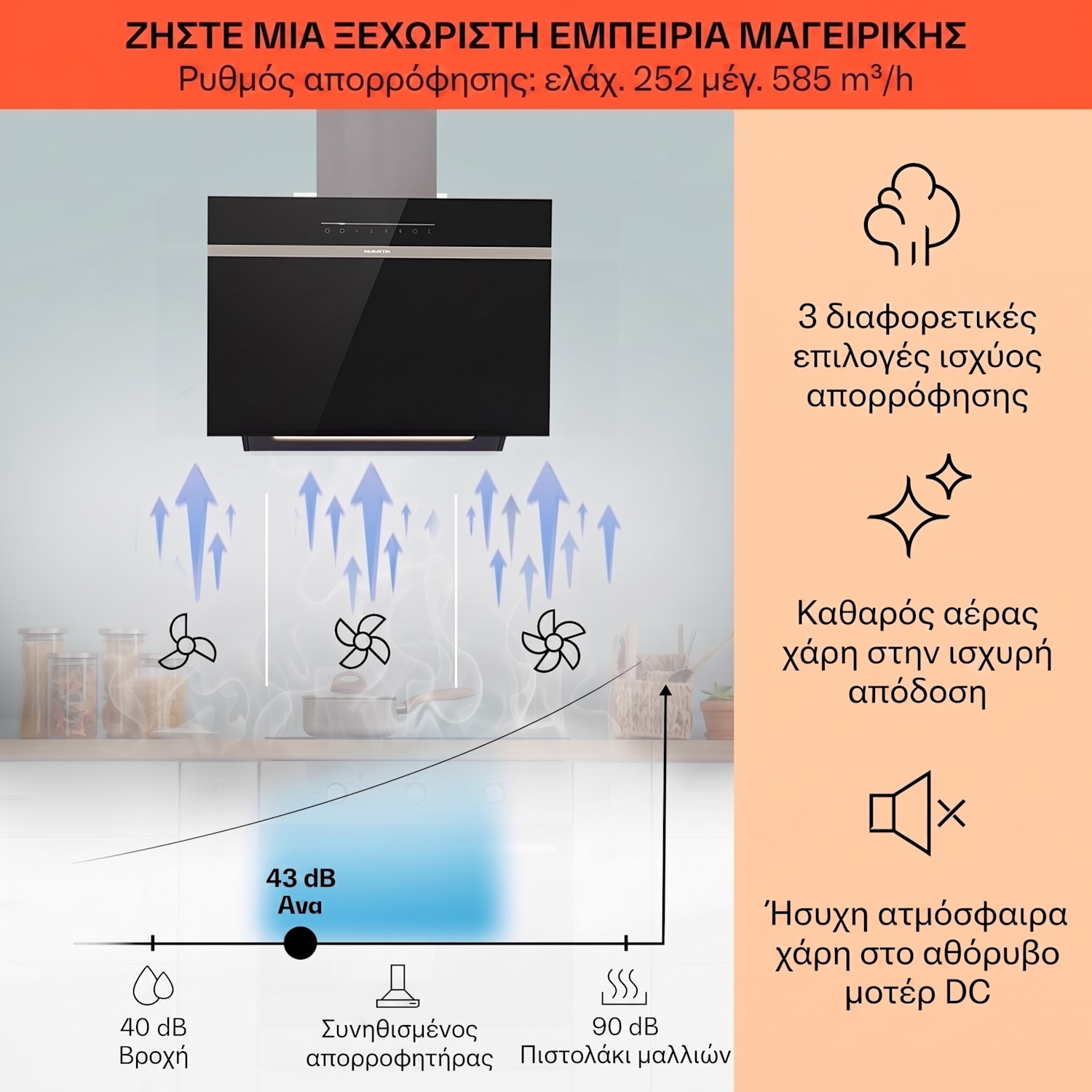 Ava 60 Smart, απορροφητήρας, 60cm, επιτοίχιος, WiFi, A++, 585 m³/h, οθόνη αφής 60 εκ | Μαύρο