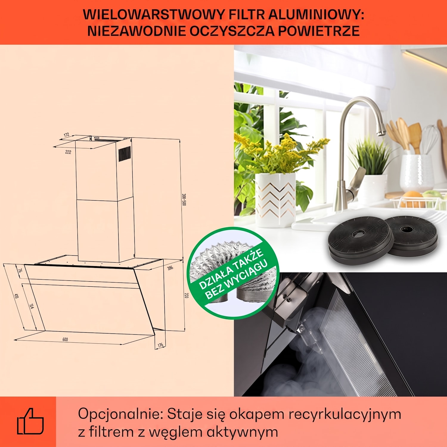 Ava 60 Smart, okap kuchenny przyścienny, skośny, 60 cm, Wi-Fi, A++, 515 m³/h, panel dotykowy 60 cm | Czarny