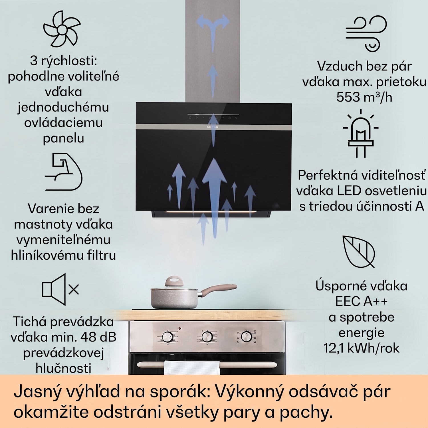 Ava 60 Smart, digestor, 60cm, nástenný, WiFi, A++, 515 m³/h, dotykový displej 60 cm | Čierna
