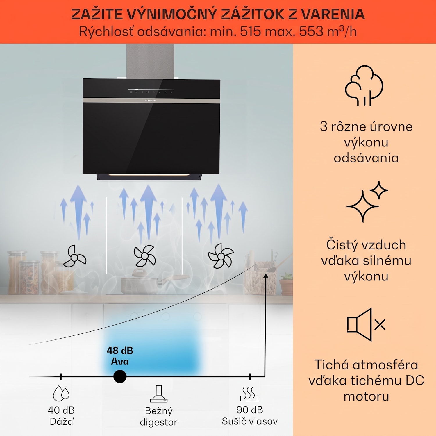 Ava 60 Smart, digestor, 60cm, nástenný, WiFi, A++, 515 m³/h, dotykový displej 60 cm | Čierna