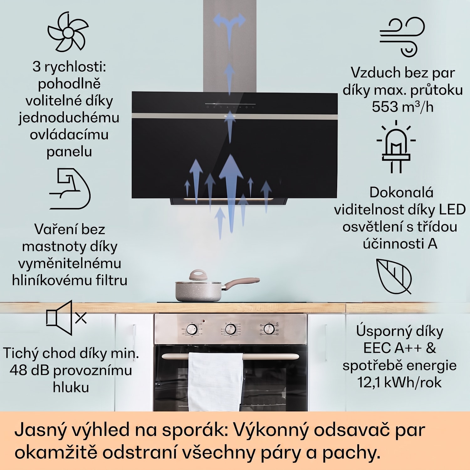 Ava 90 Smart, digestoř, 90 cm, nástěnná, Wi-Fi, A++, 585 m³/h, dotykový displej 90 cm | Černá